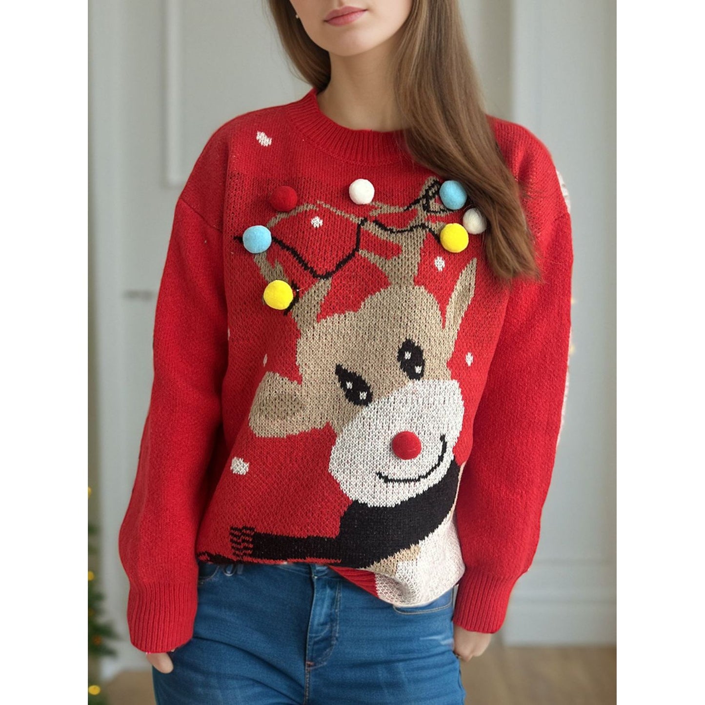 Reindeer Round Neck Long Sleeve Sweater