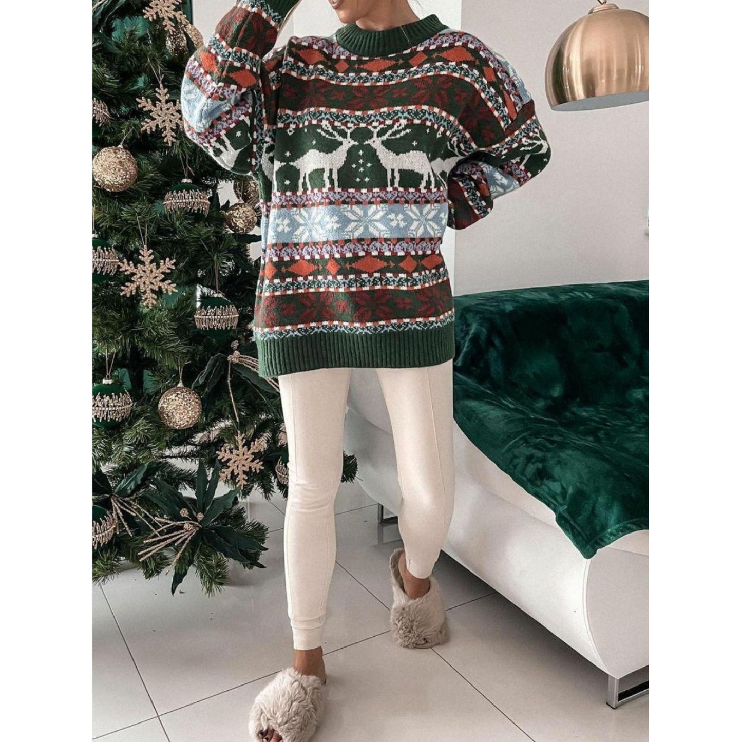 Geometric Round Neck Dropped Shoulder Sweater