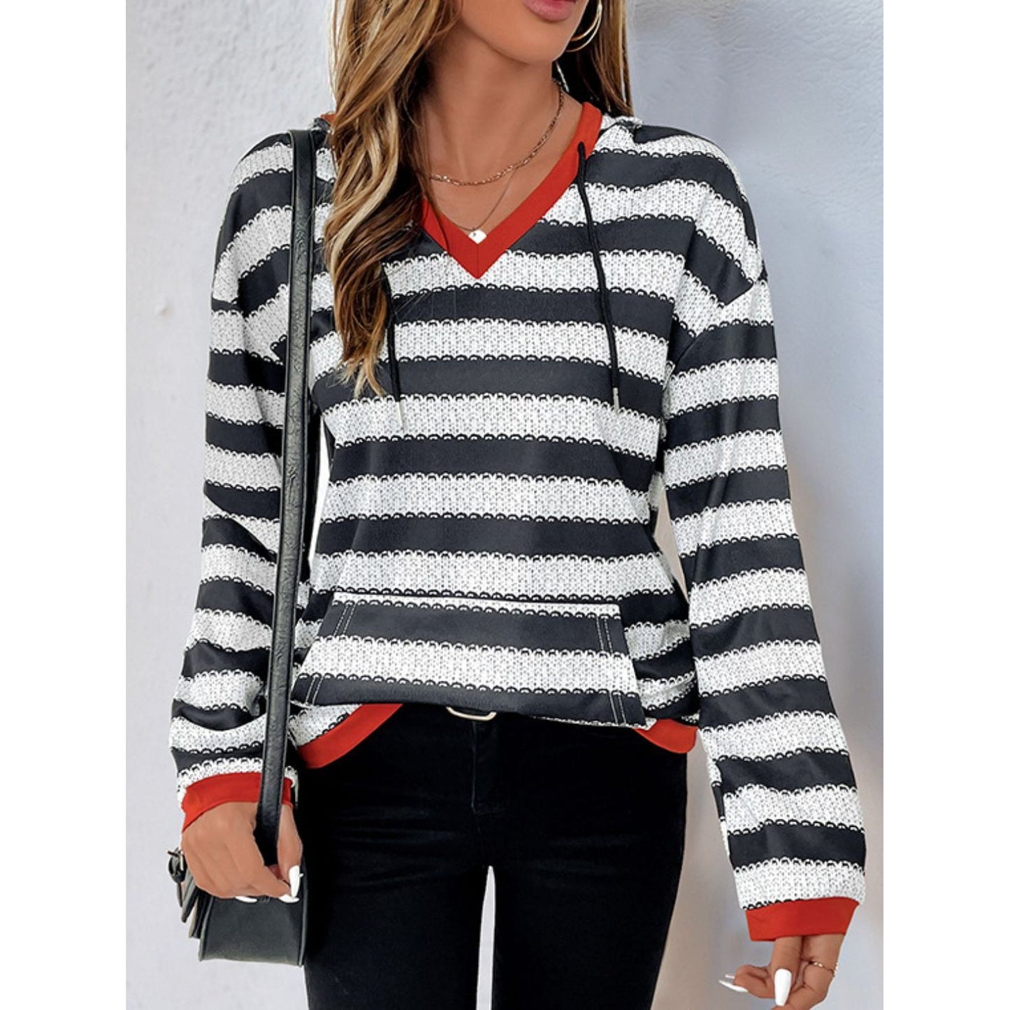 Perfee Contrast Striped Long Sleeve Hoodie