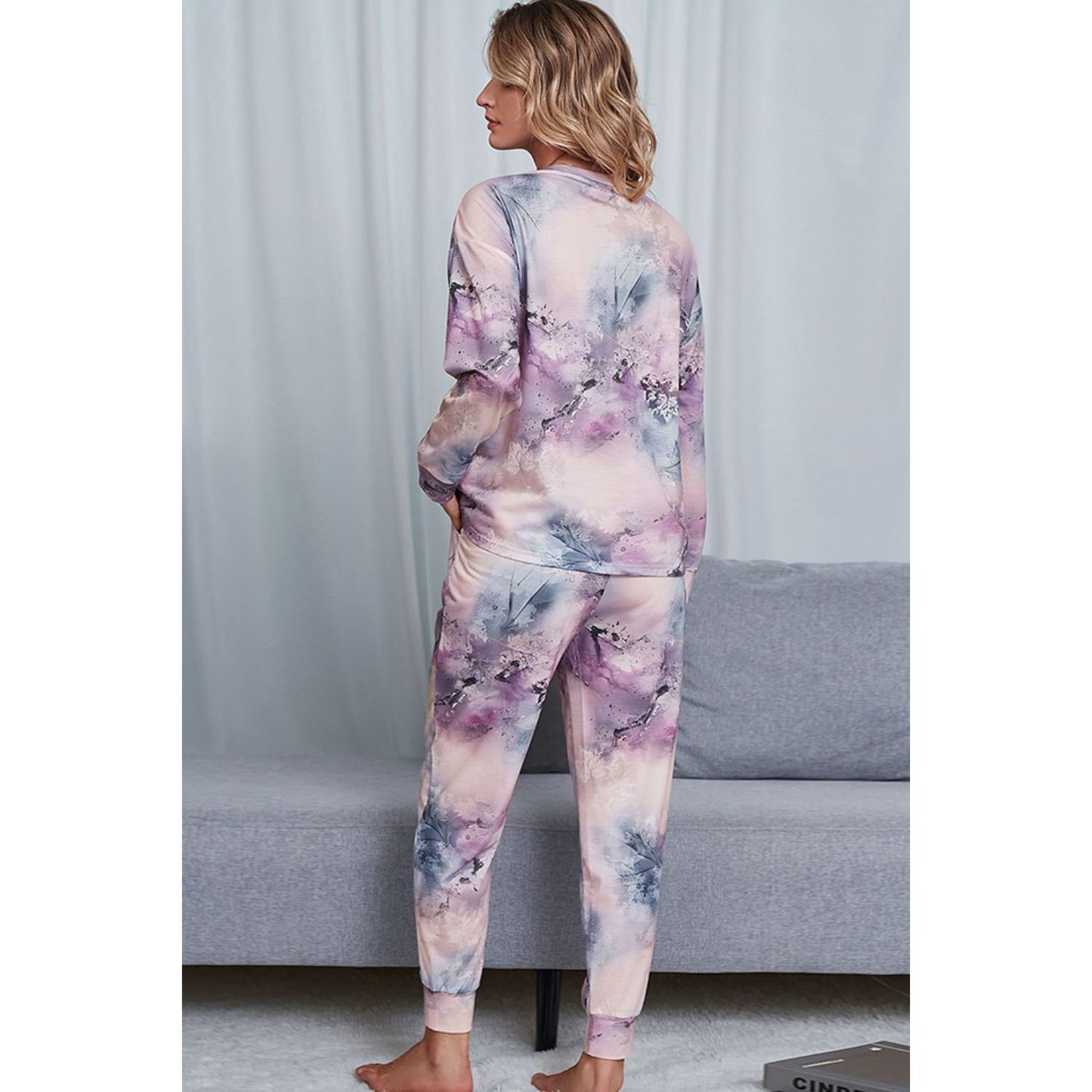 Shiny Tie-Dye Crewneck Top and Drawstring Waist Joggers Lounge Set