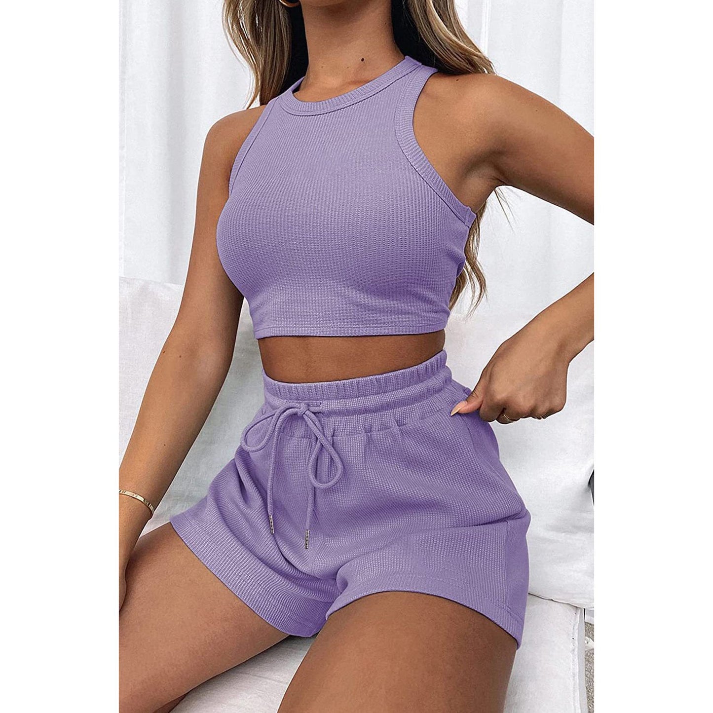 Round Neck Top and Drawstring Shorts Set