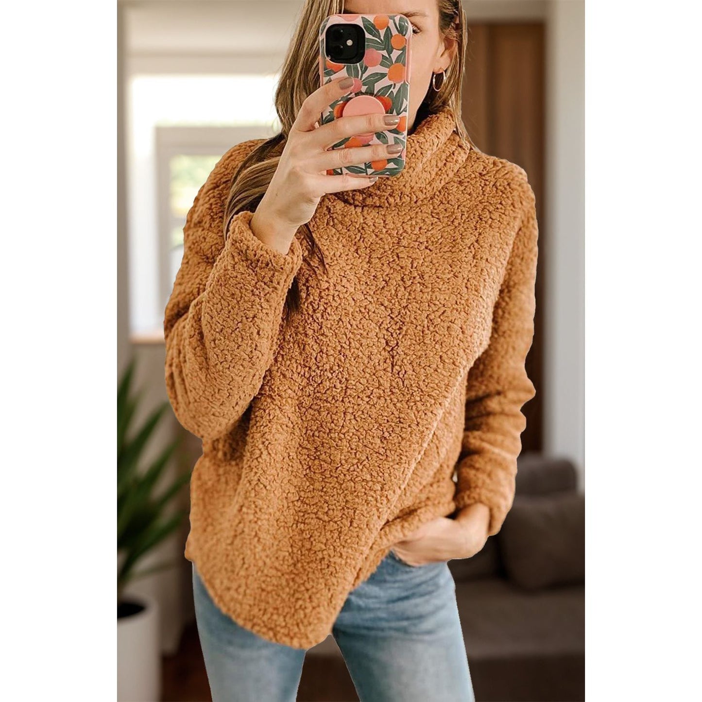 Fuzzy Turtleneck Long Sleeve Sweatshirt