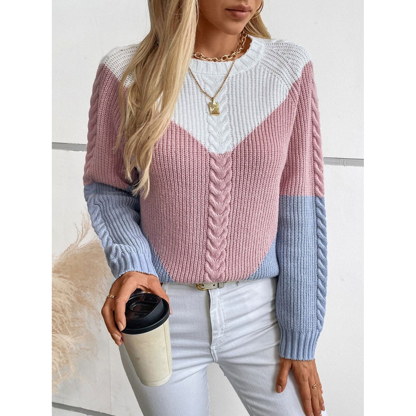 Color Block Round Neck Long Sleeve Sweater