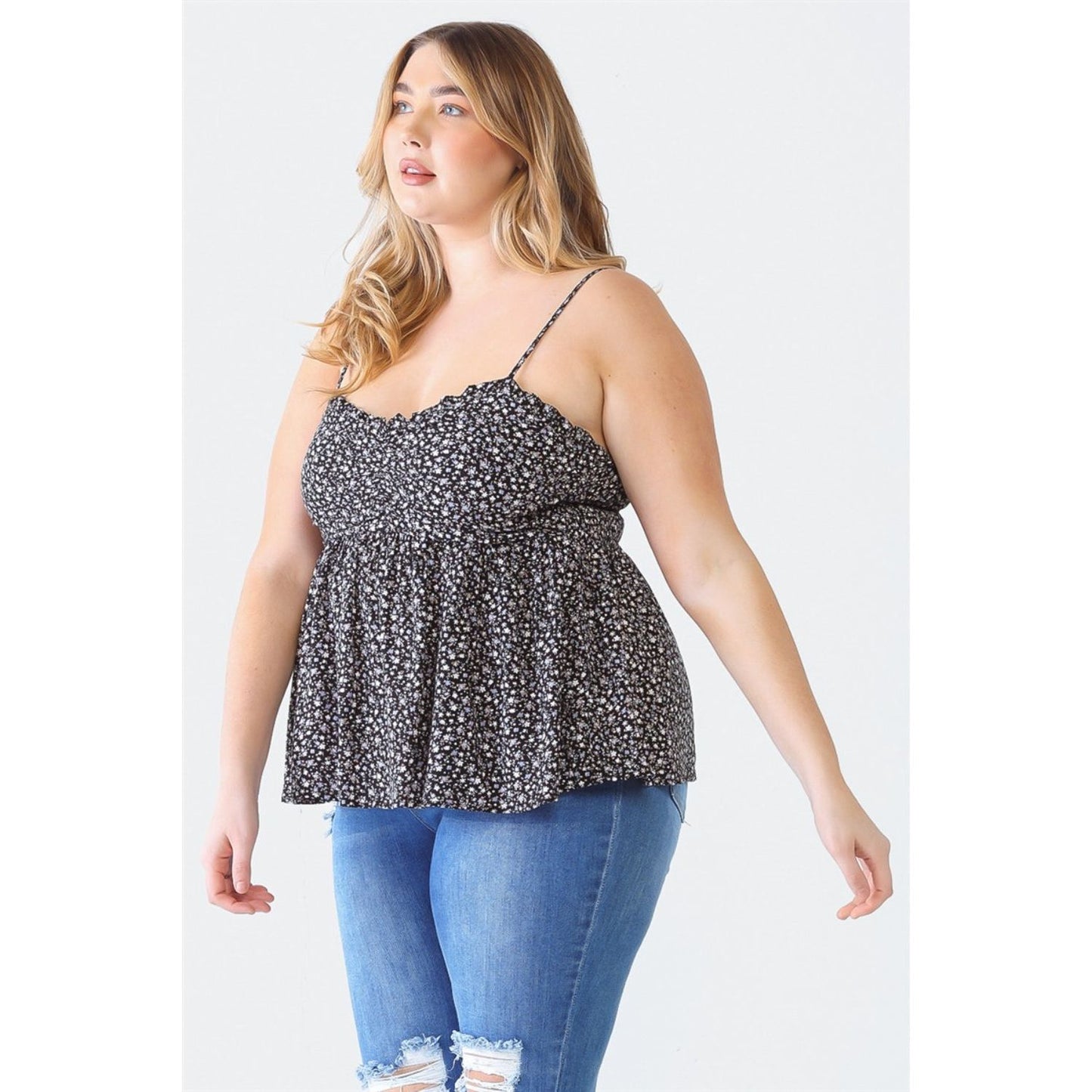 Zenobia Plus Size Frill Smocked Floral Sweetheart Neck Cami