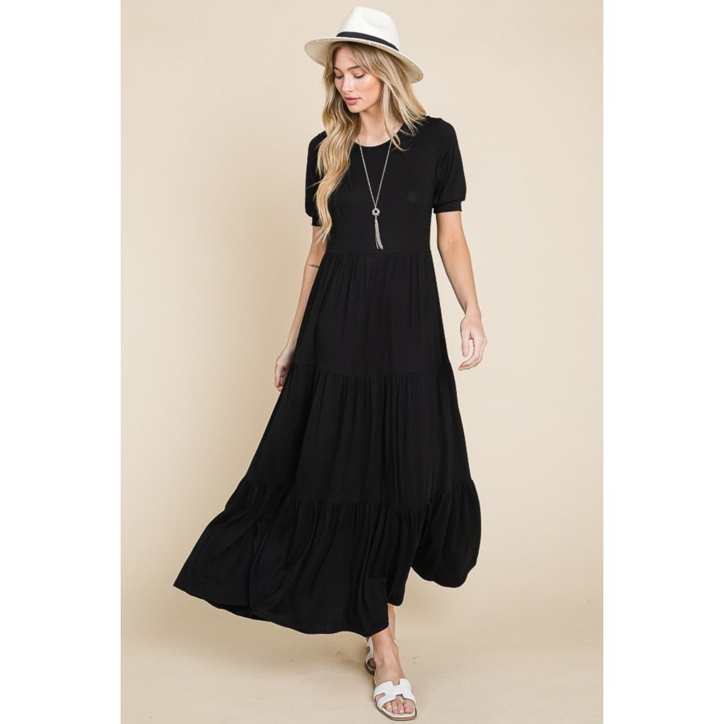 BOMBOM Short Sleeve Tiered Maxi Dress