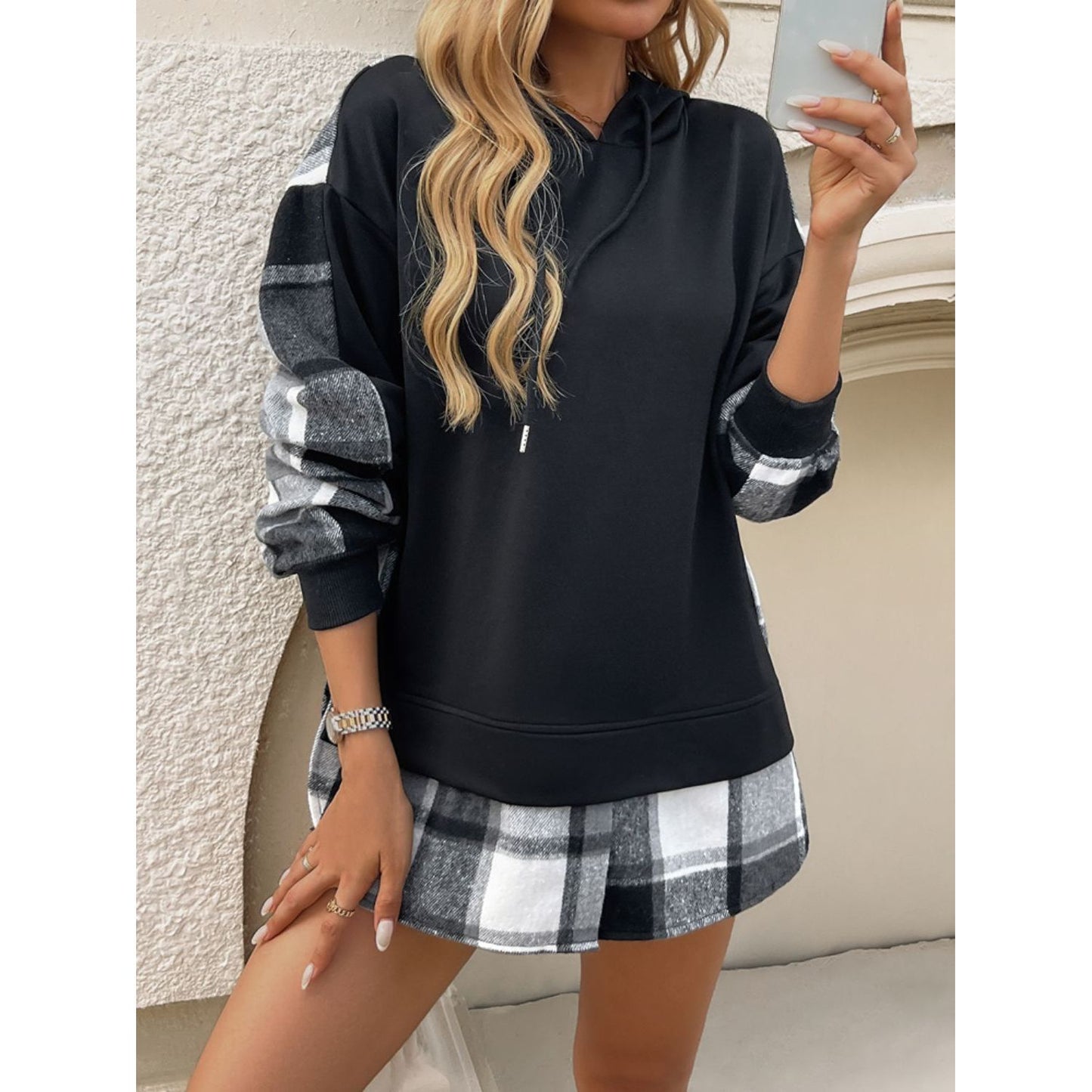 Devine Drawstring Plaid Long Sleeve Hoodie