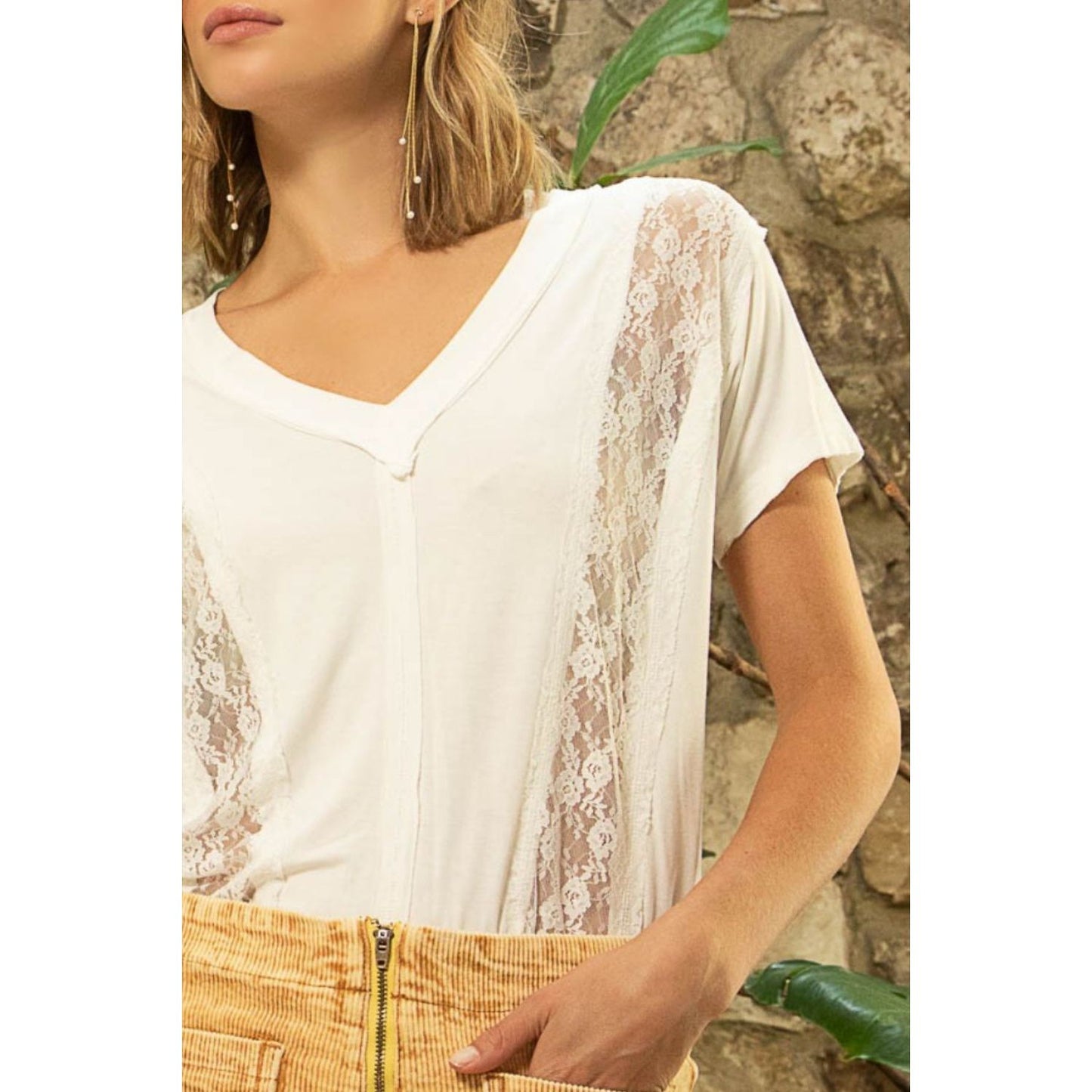 POL Inset Lace Outseam Detail Short Sleeve V-Neck T-Shirt