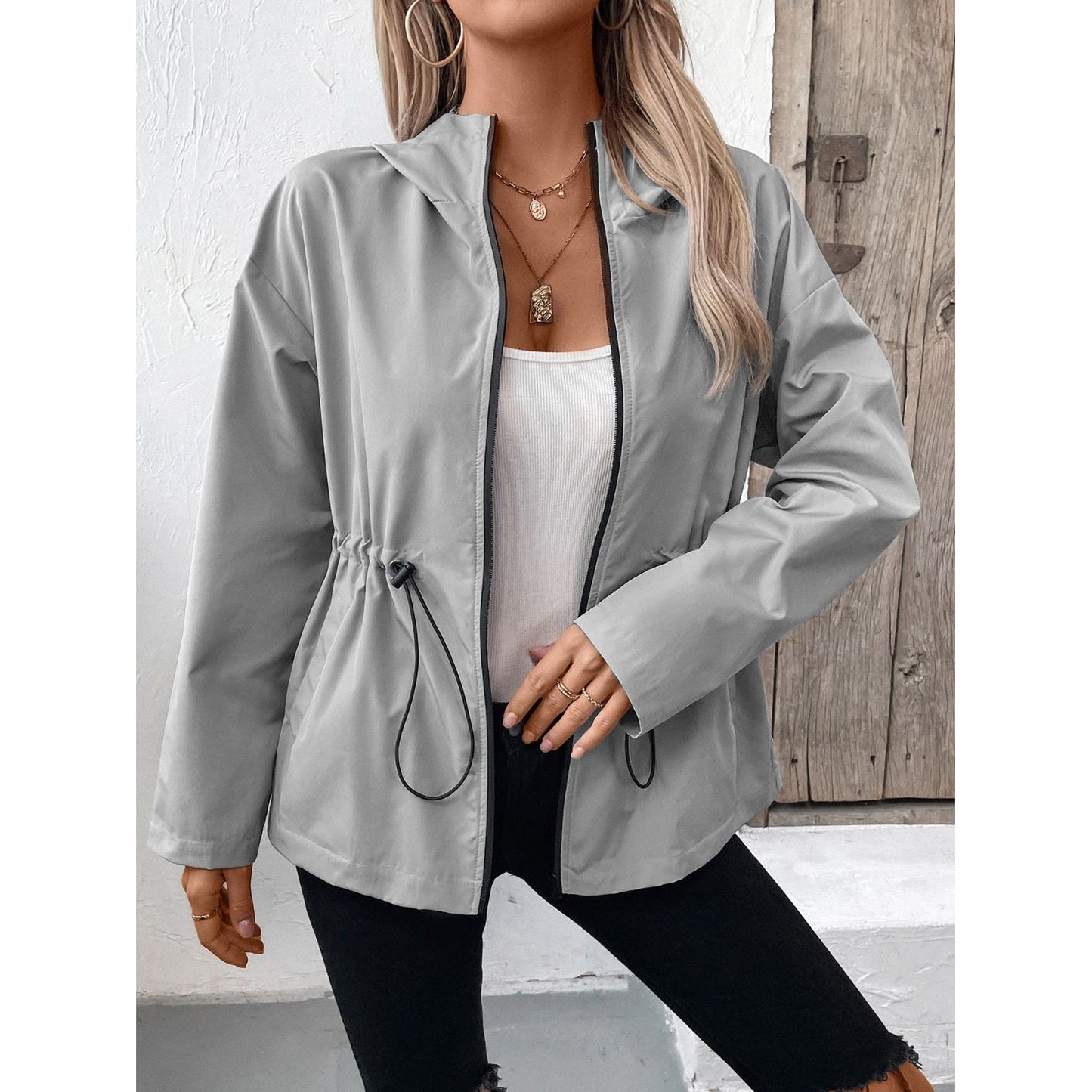 Drawstring Zip Up Hooded Jacket