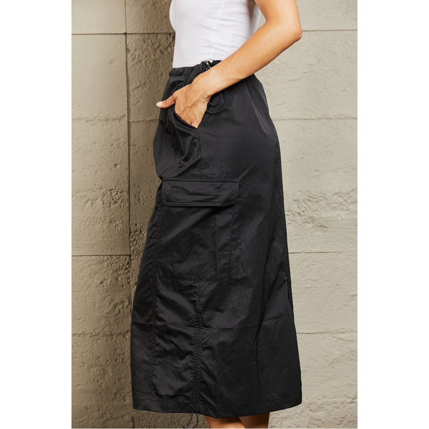 HYFVE Just In Time High Waisted Cargo Midi Skirt in Black