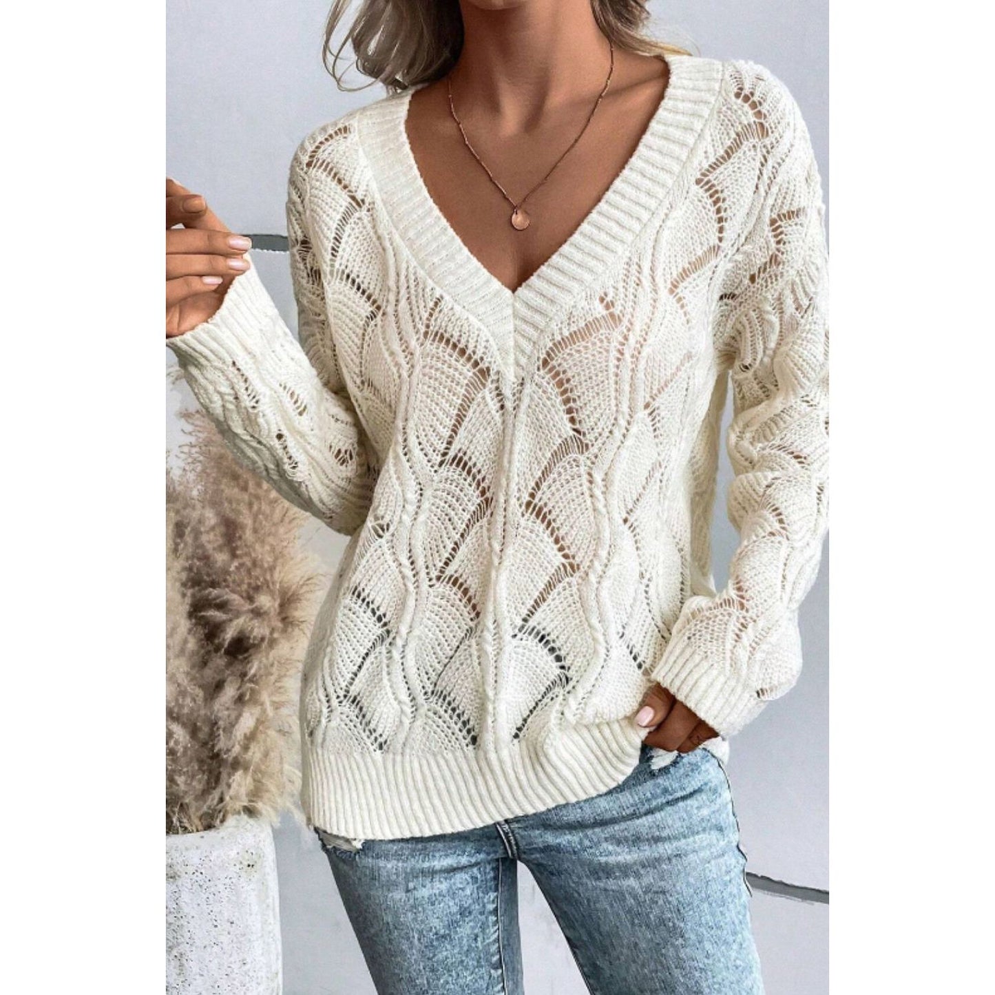 Openwork V-Neck Long Sleeve Sweater