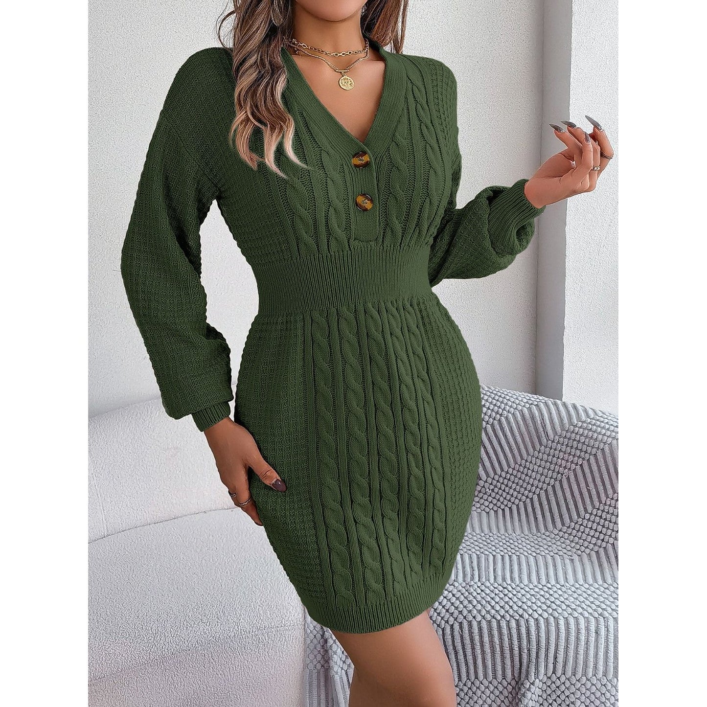 Buttoned Cable-Knit V-Neck Sweater Dress