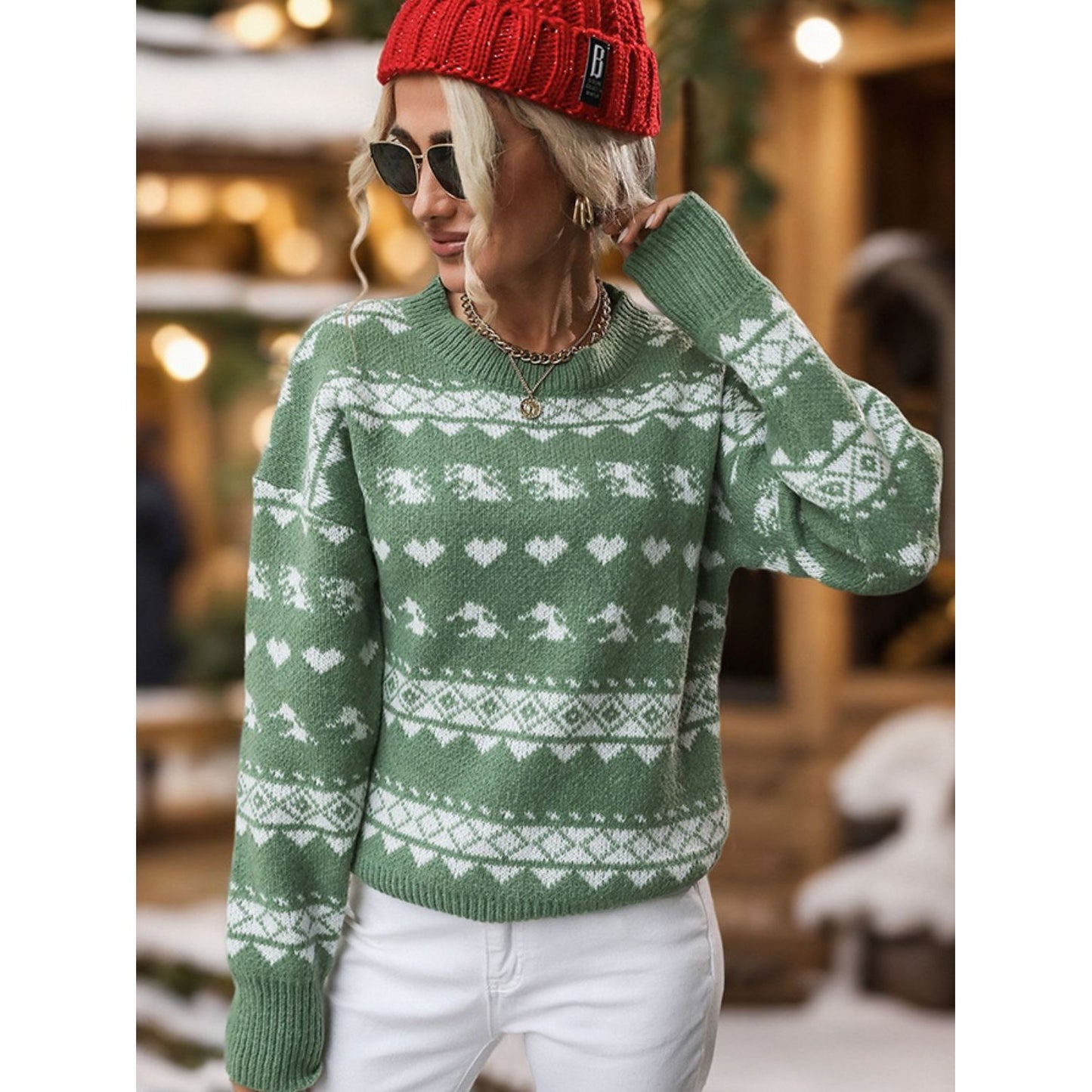 Perfee Geometric Round Neck Dropped Shoulder Sweater