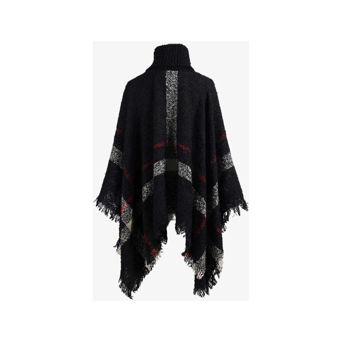 Plaid Turtleneck Raw Hem Poncho