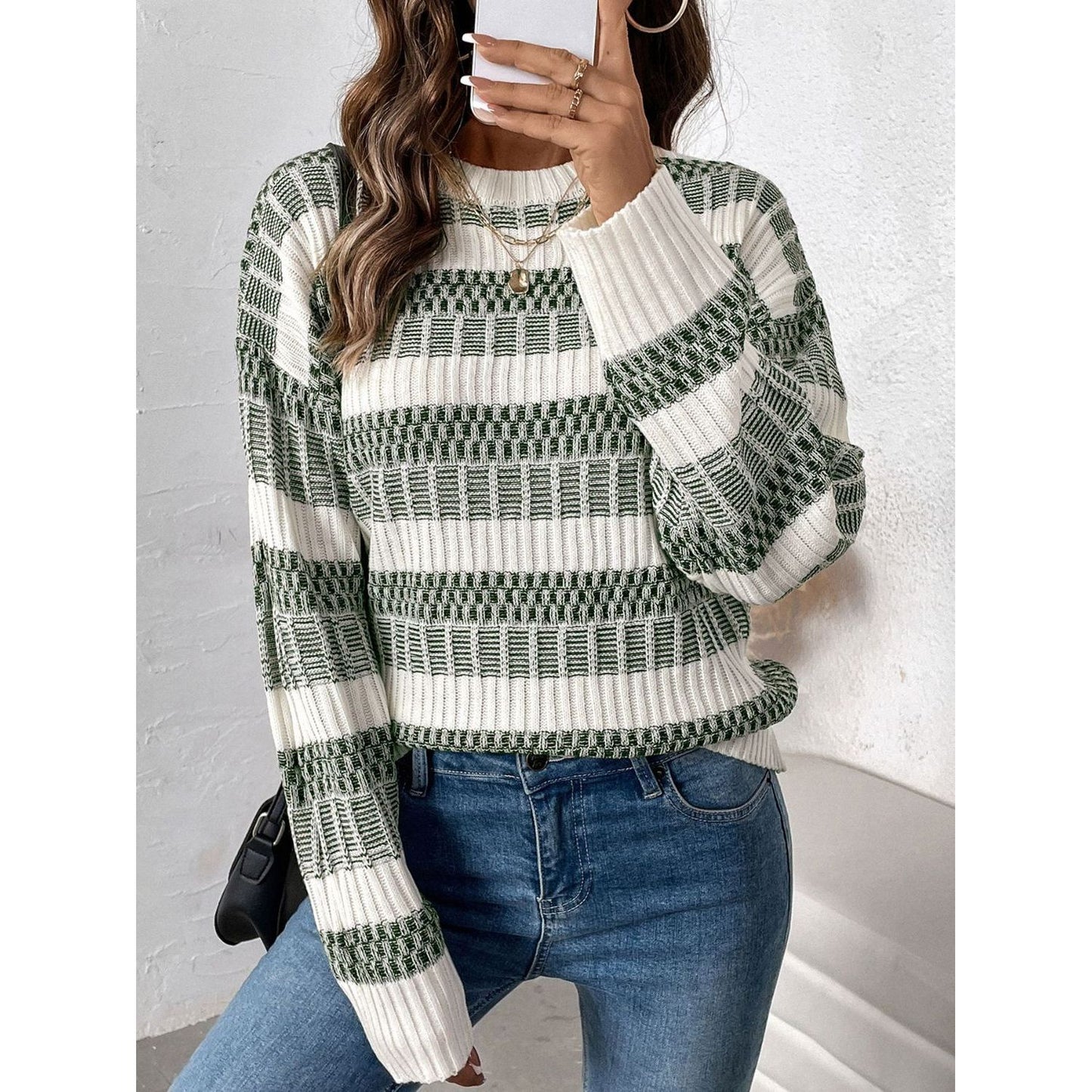 Perfee Contrast Round Neck Long Sleeve Sweater