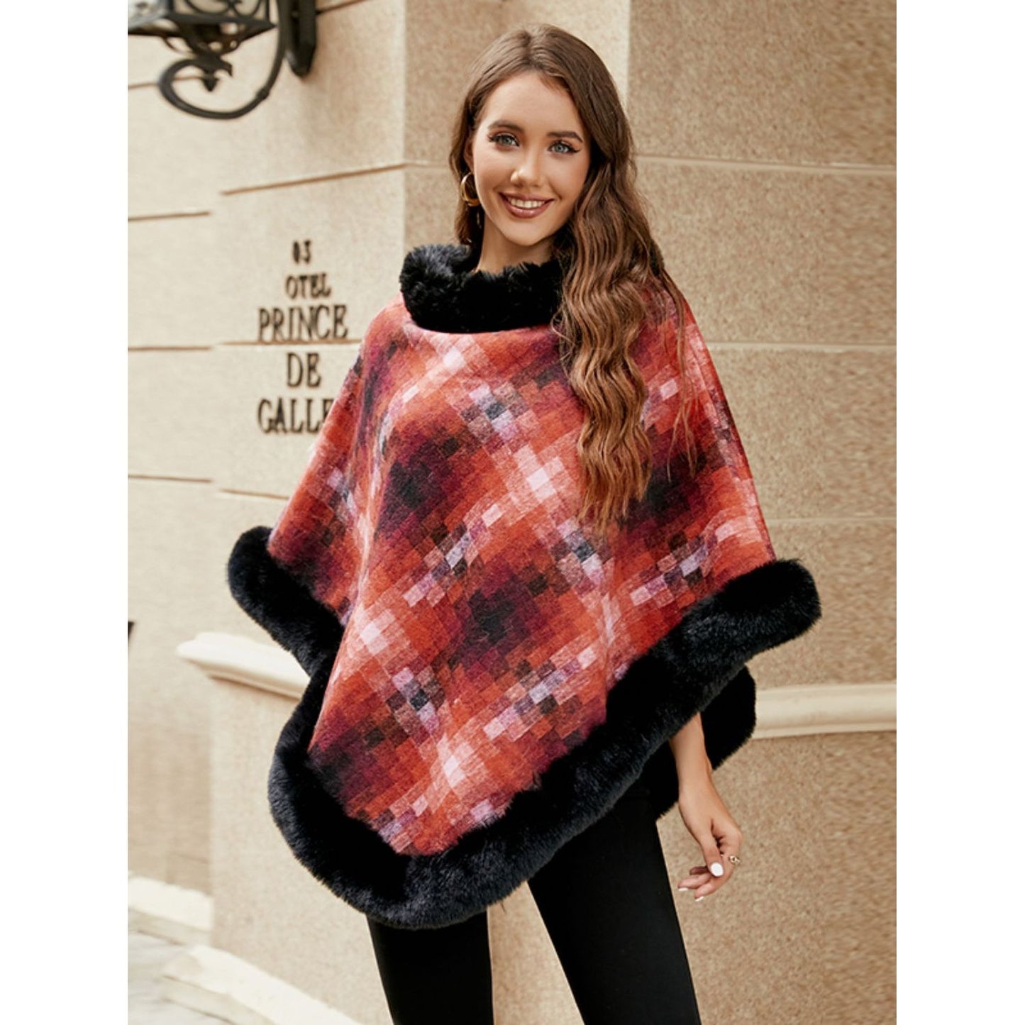 Faux Fur Trim Poncho