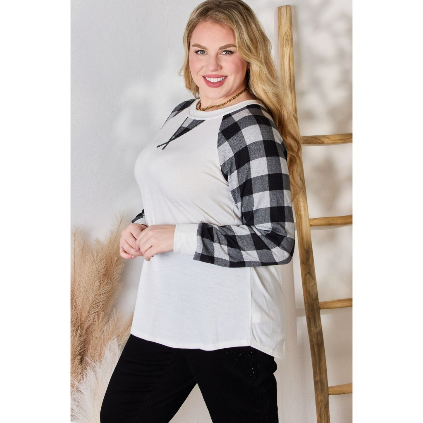 Hailey & Co Full Size Plaid Raglan Sleeve Round Neck Blouse