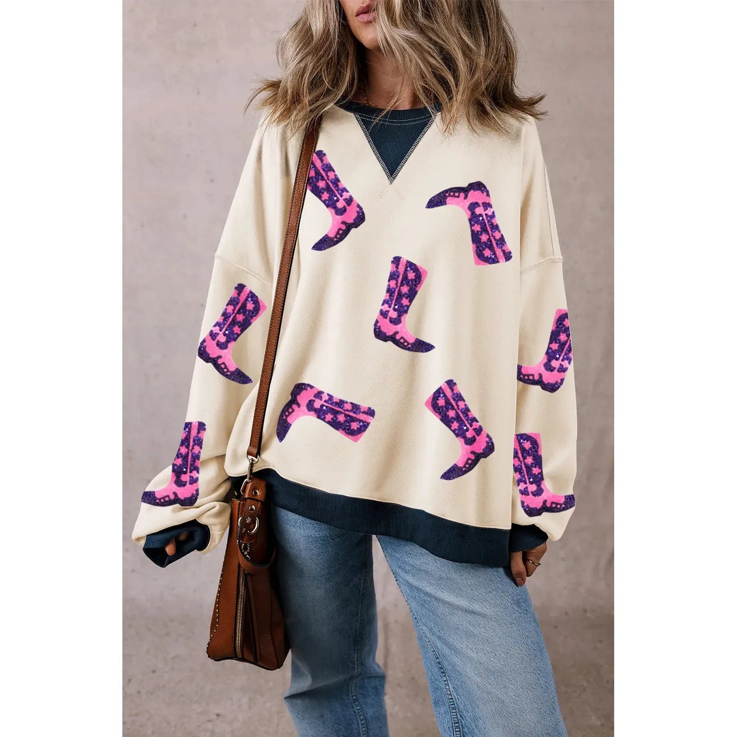 Sequin Boots Round Neck Long Sleeve Sweatshirt