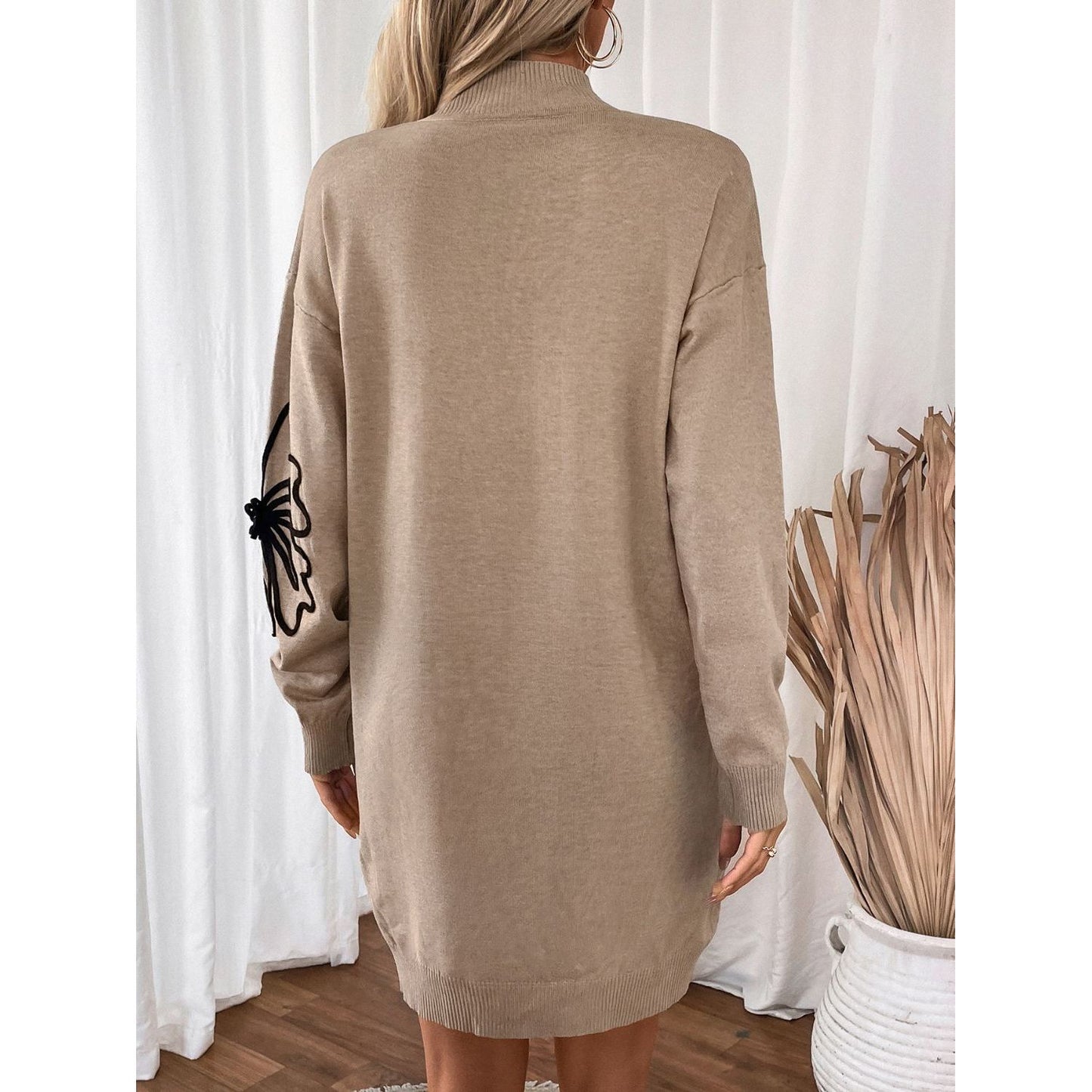 Perfee Flower Mock Neck Long Sleeve Sweater Dress