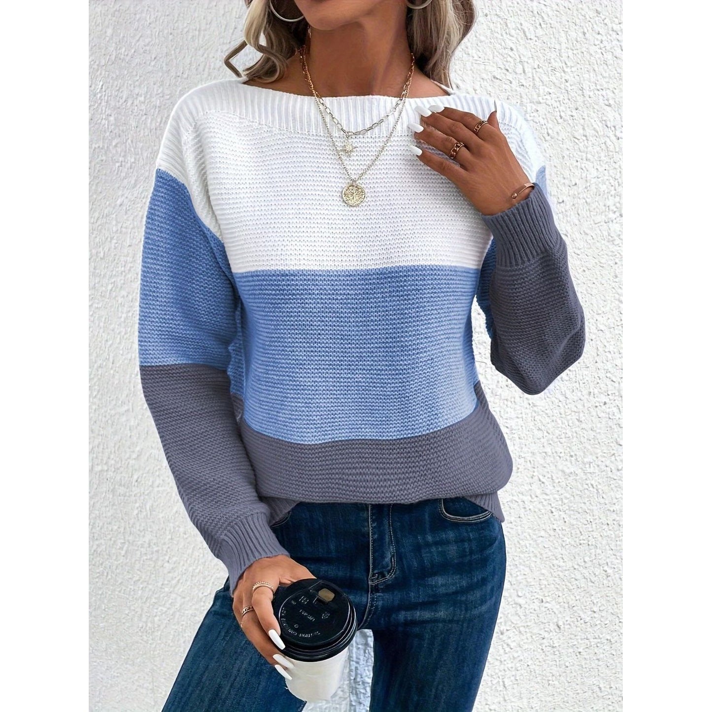 Color Block Boat Neck Sweater