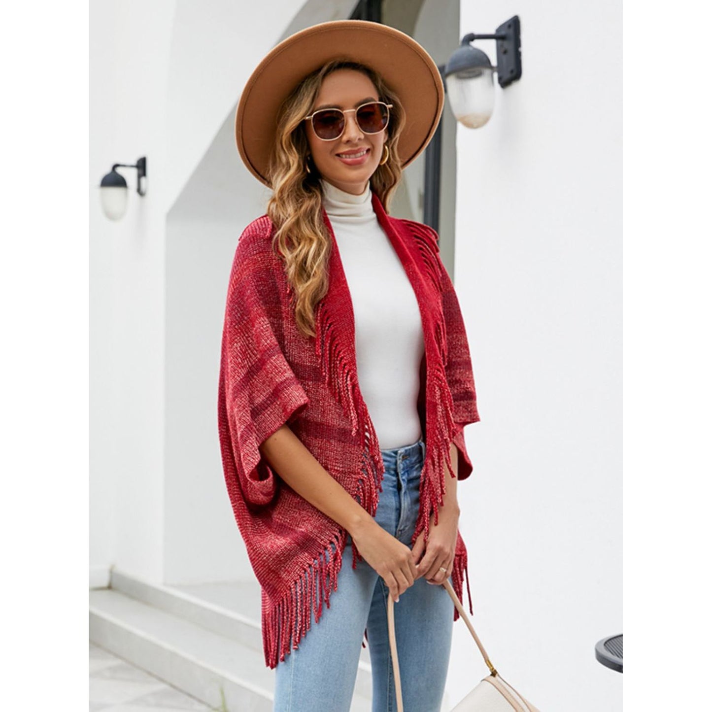 Fringe Detail Open Front Poncho