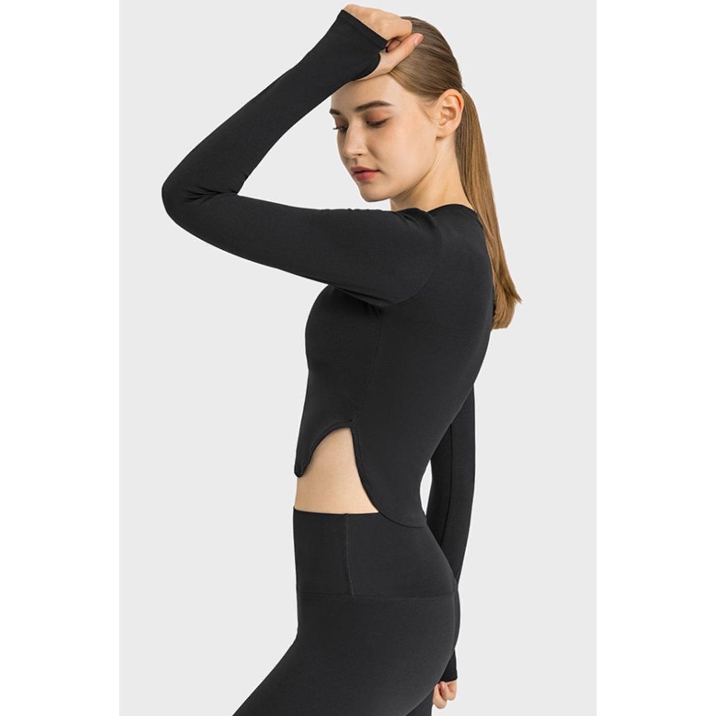 Side Slit Long Sleeve Round Neck Crop Top