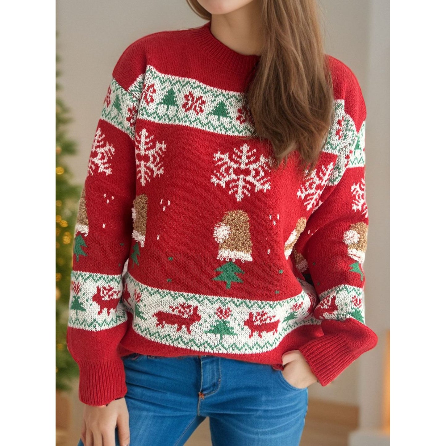 Christmas Element Round Neck Long Sleeve Sweater