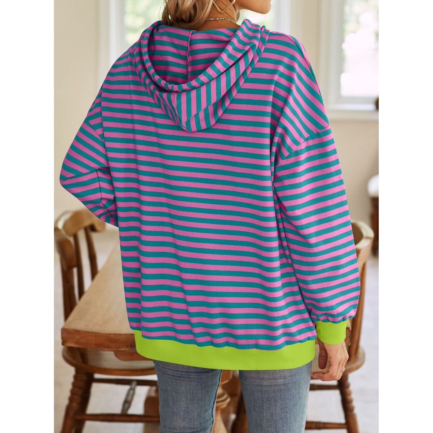 Lovelet Drawstring Striped Long Sleeve Hoodie