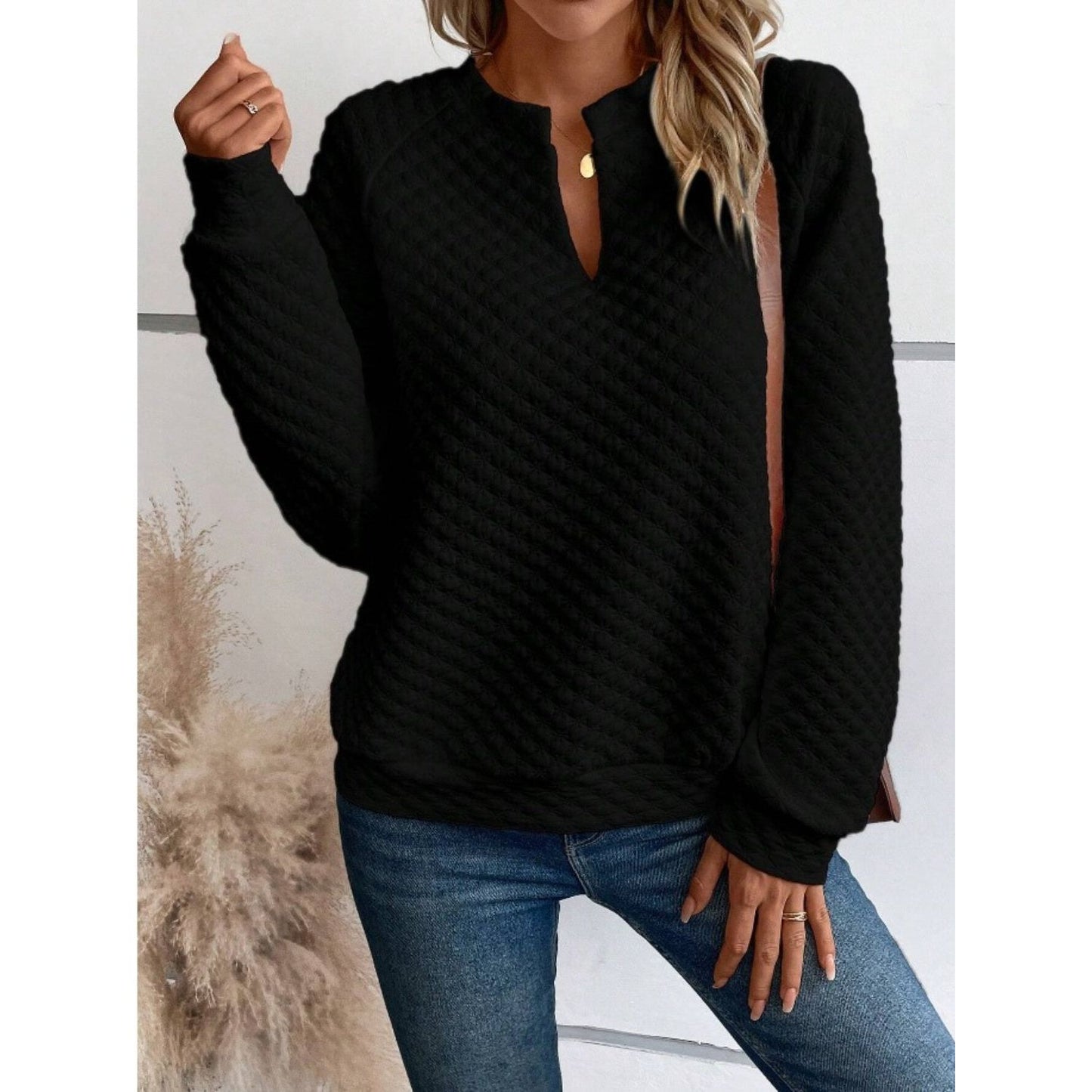 Notched Long Sleeve Sweatshirt