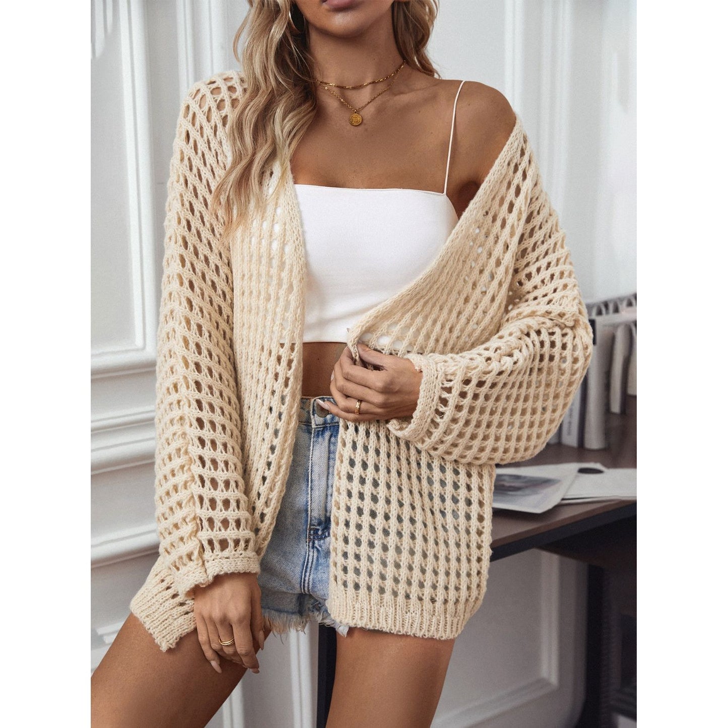 Openwork Open Front Long Sleeve Cardigan