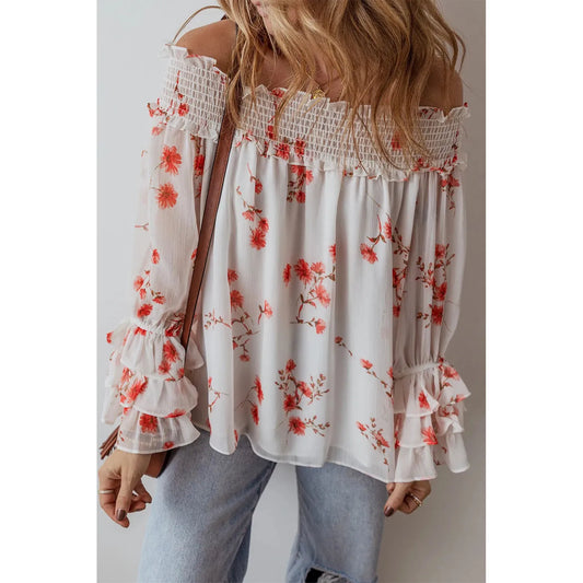 Printed Off-Shoulder Long Sleeve Blouse