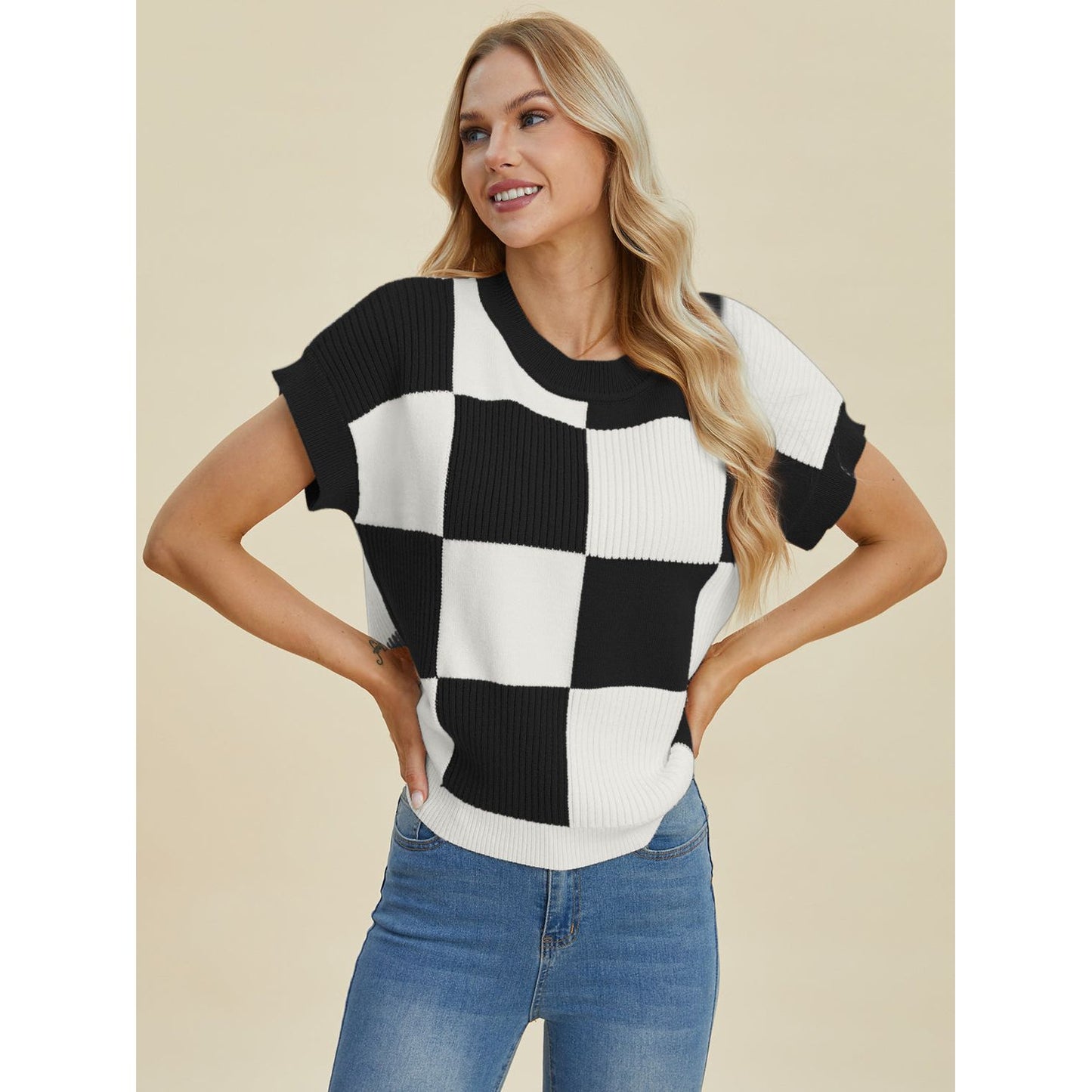 Double Take Full Size Checkered Round Neck Short Sleeve Sweater