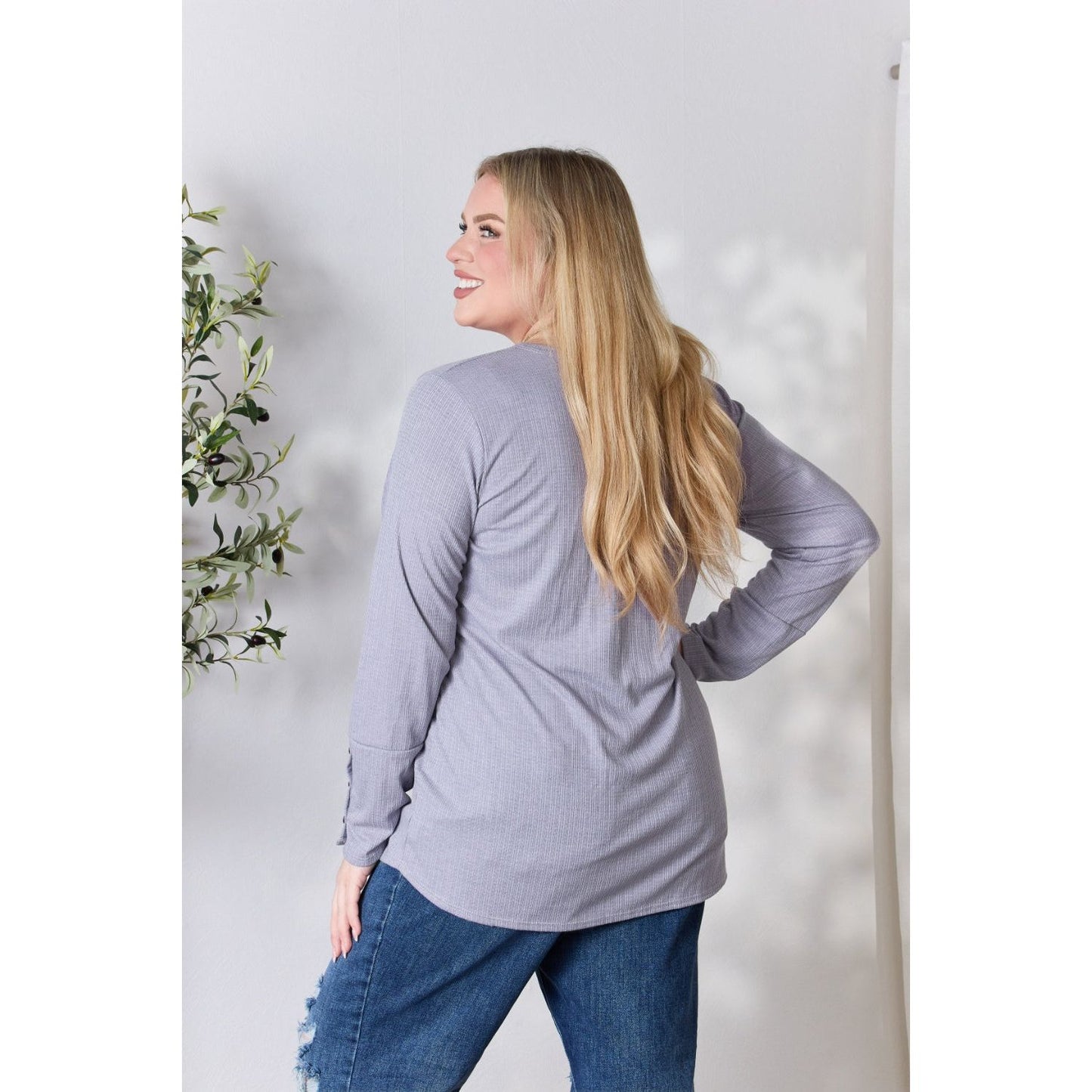 Heimish Full Size Texture Half Button Long Sleeve Top