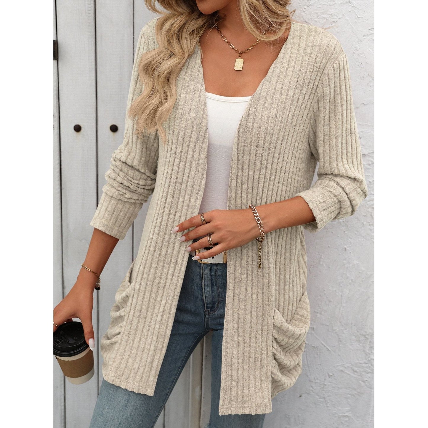 Open Front Long Sleeve Ribbed Cardigan