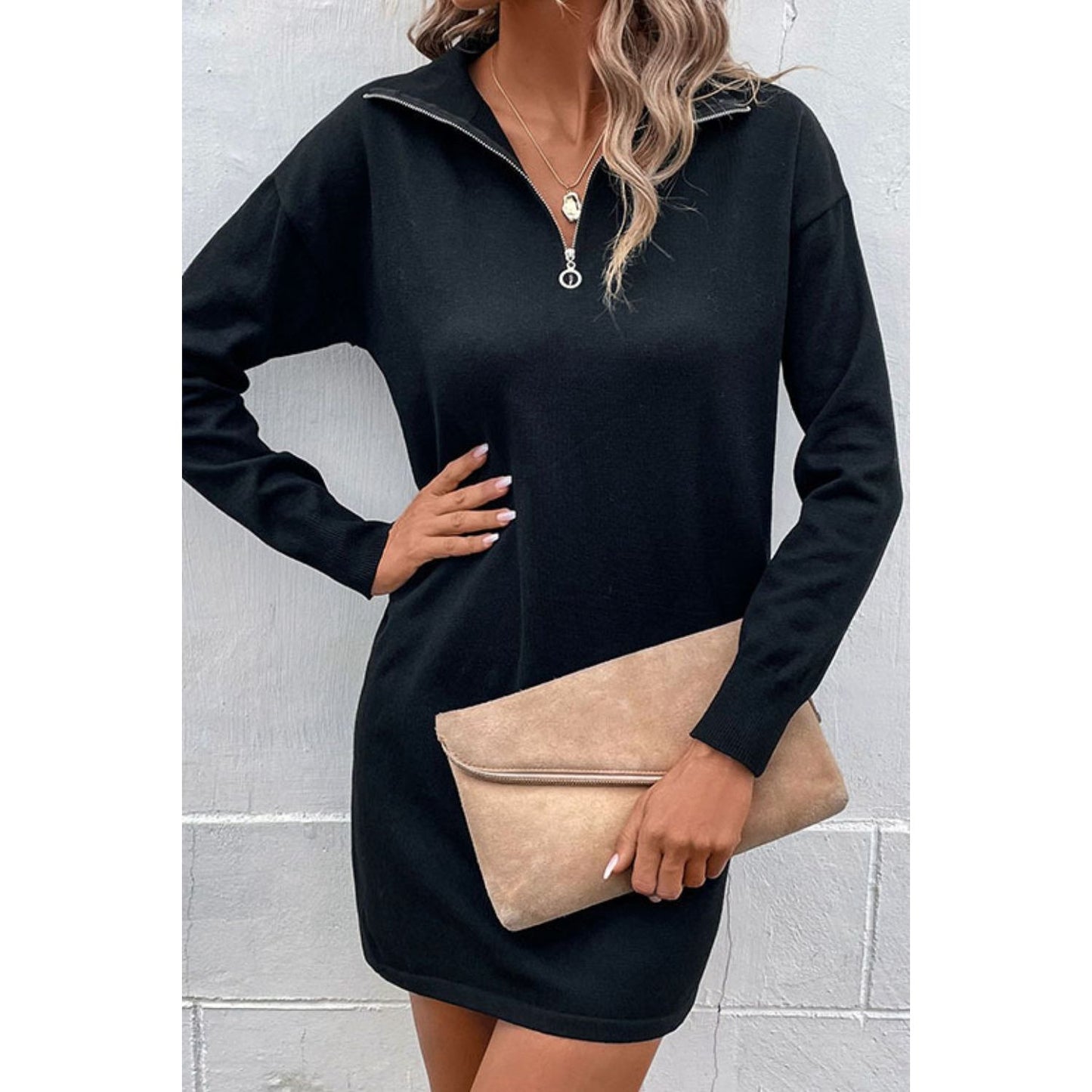 Perfee Quarter-Zip Dropped Shoulder Knit Dress