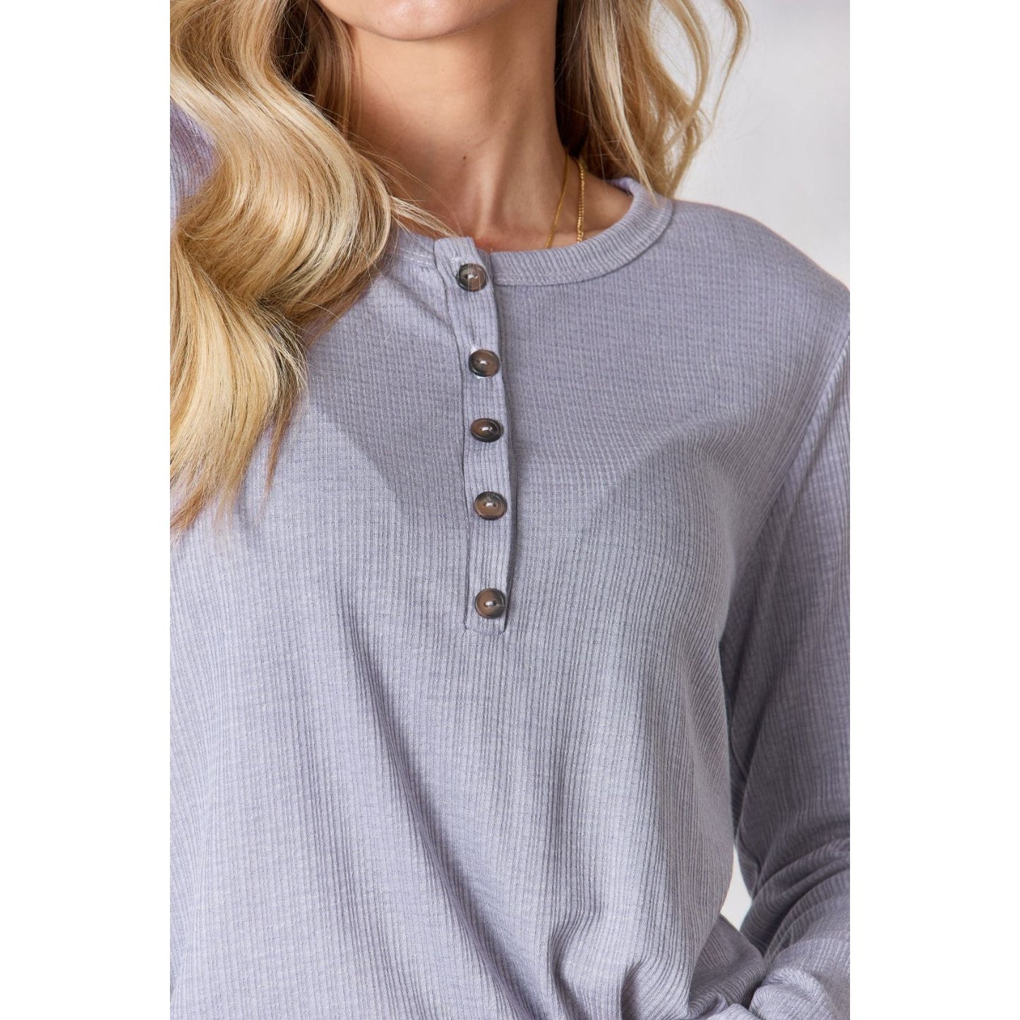 Heimish Full Size Texture Half Button Long Sleeve Top