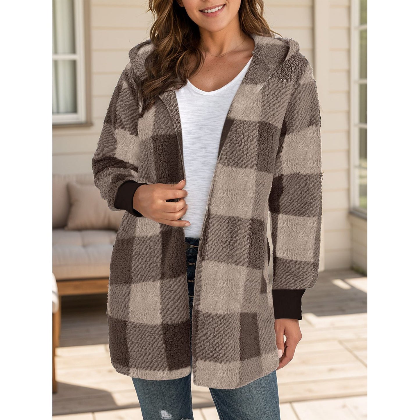 Plaid Long Sleeve Hooded Coat