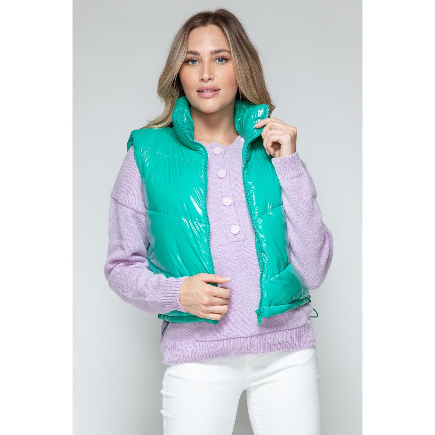 Snobbish Zip Up Turtleneck Shiny Quilted Vest