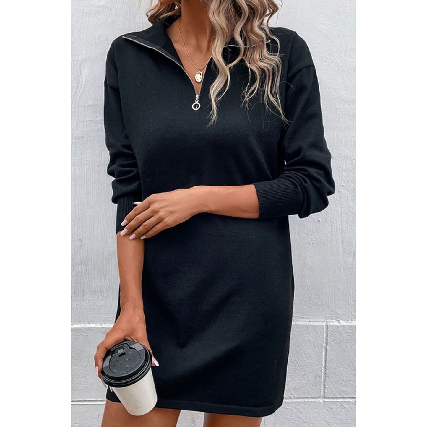 Perfee Quarter-Zip Dropped Shoulder Knit Dress