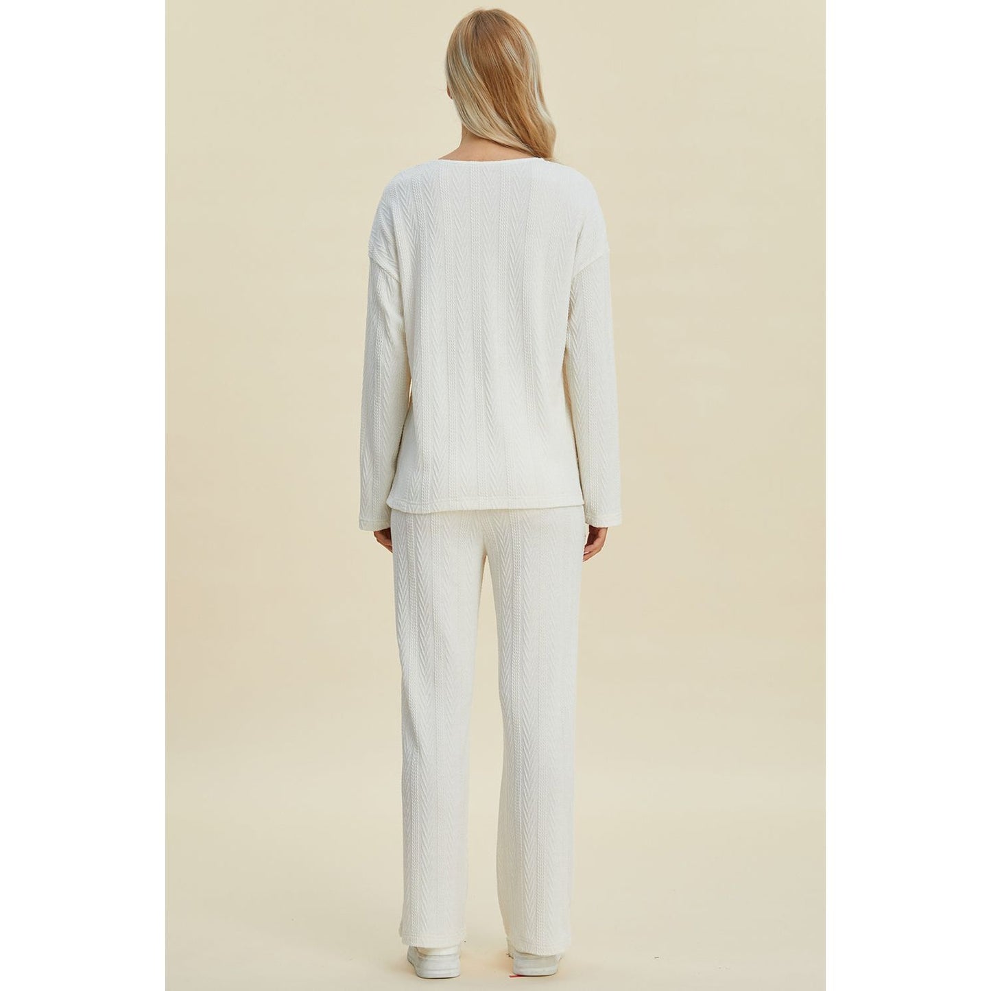 Double Take Full Size Cable-Knit Long Sleeve Top and Pants Set