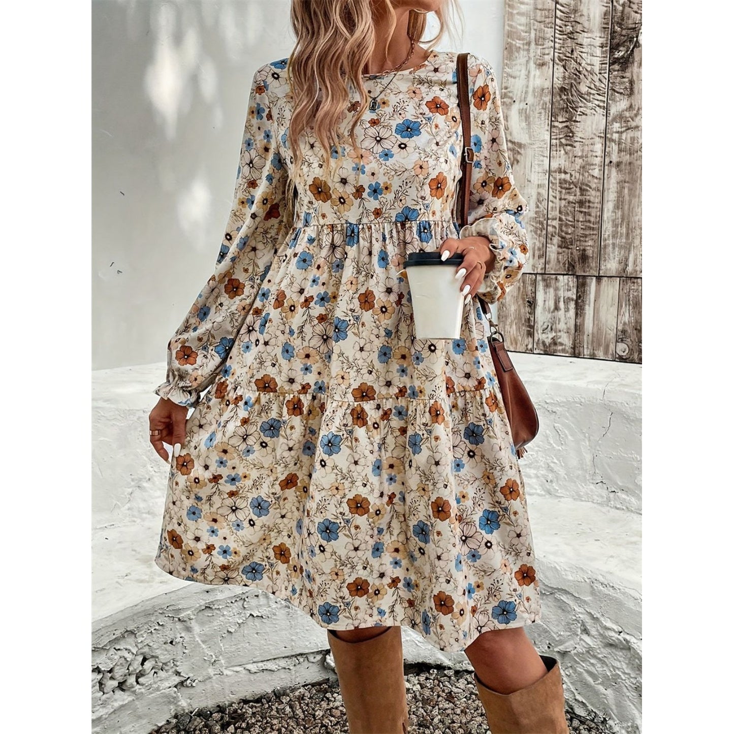 Ruffled Printed Round Neck Long Sleeve Dress