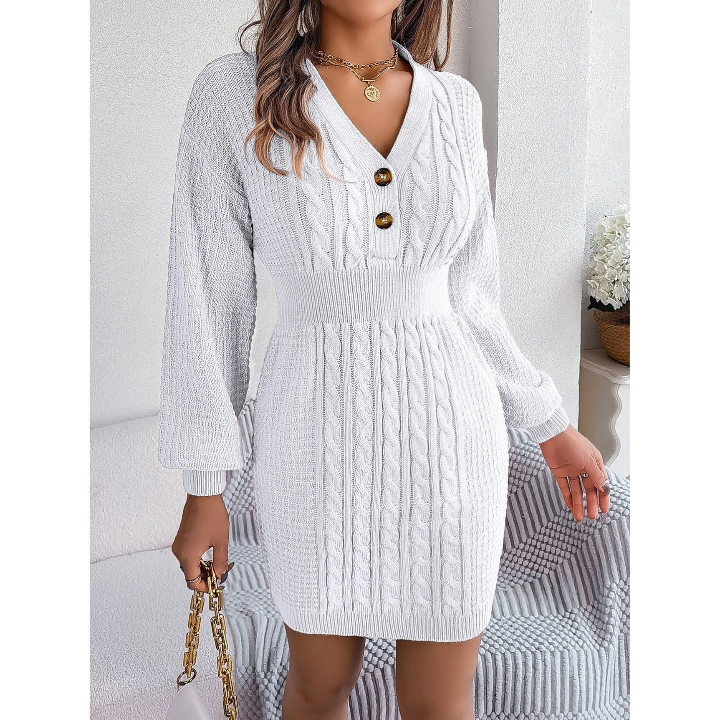 Buttoned Cable-Knit V-Neck Sweater Dress