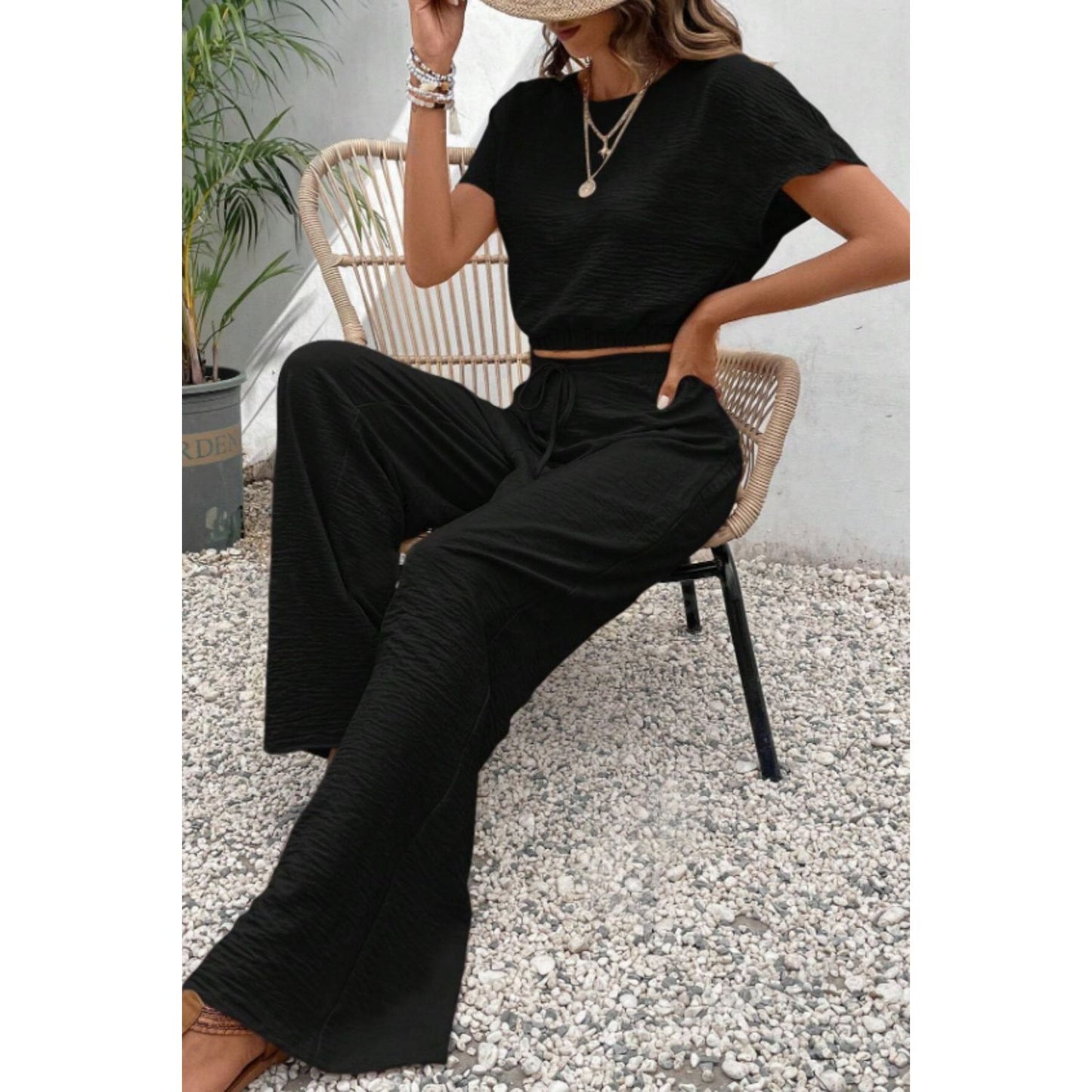 Round Neck Short Sleeve Top and Pants Set