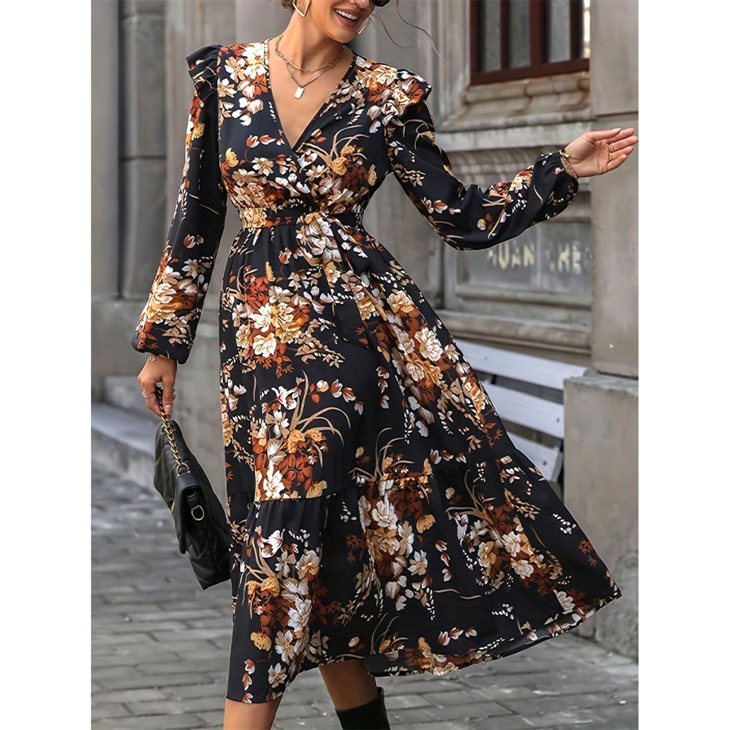 Ruffled Printed Surplice Long Sleeve Midi Dress