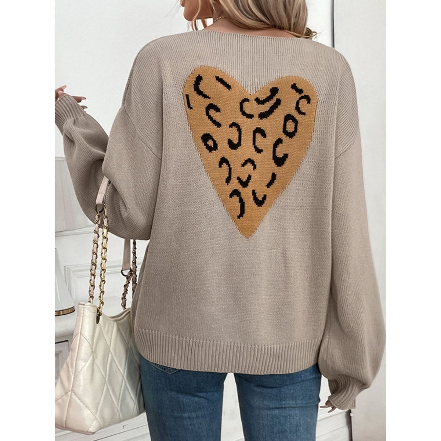 Perfee Tied Contrast Heart V-Neck Long Sleeve Cardigan