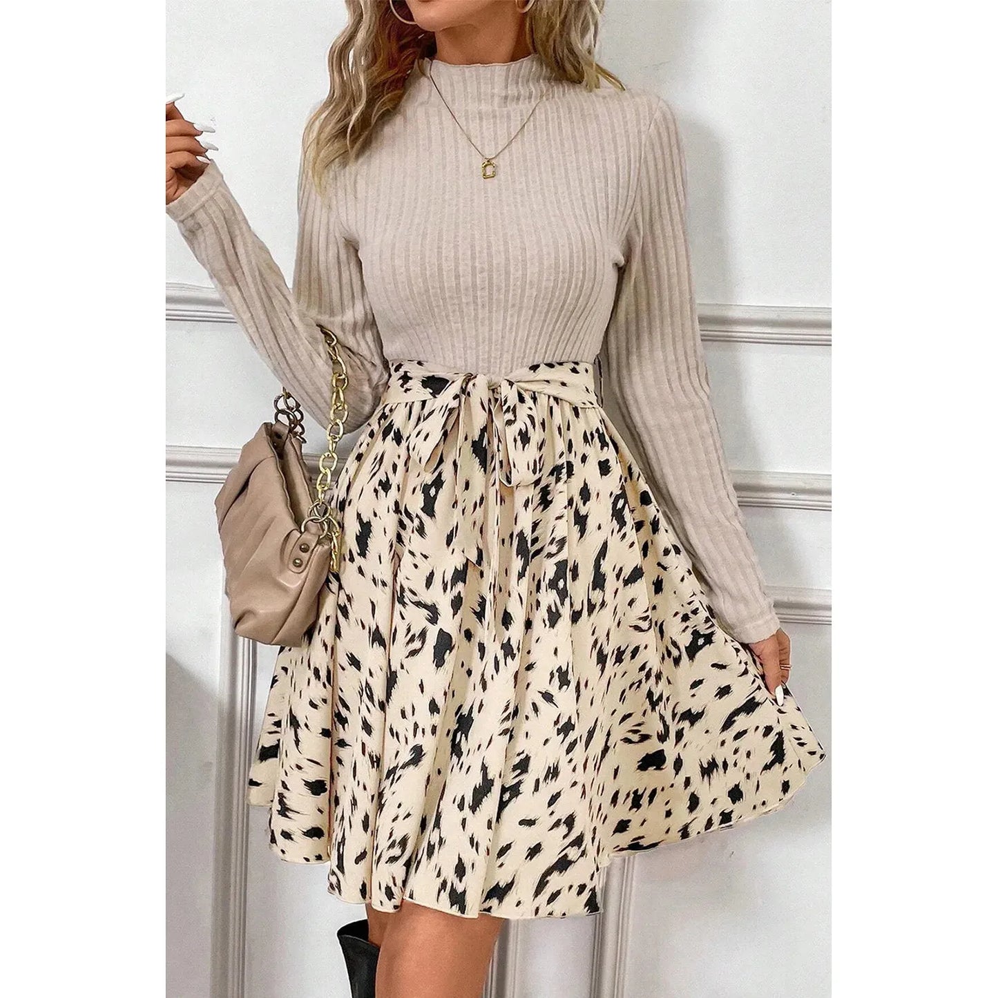 Tied Printed Mock Neck Long Sleeve Dress