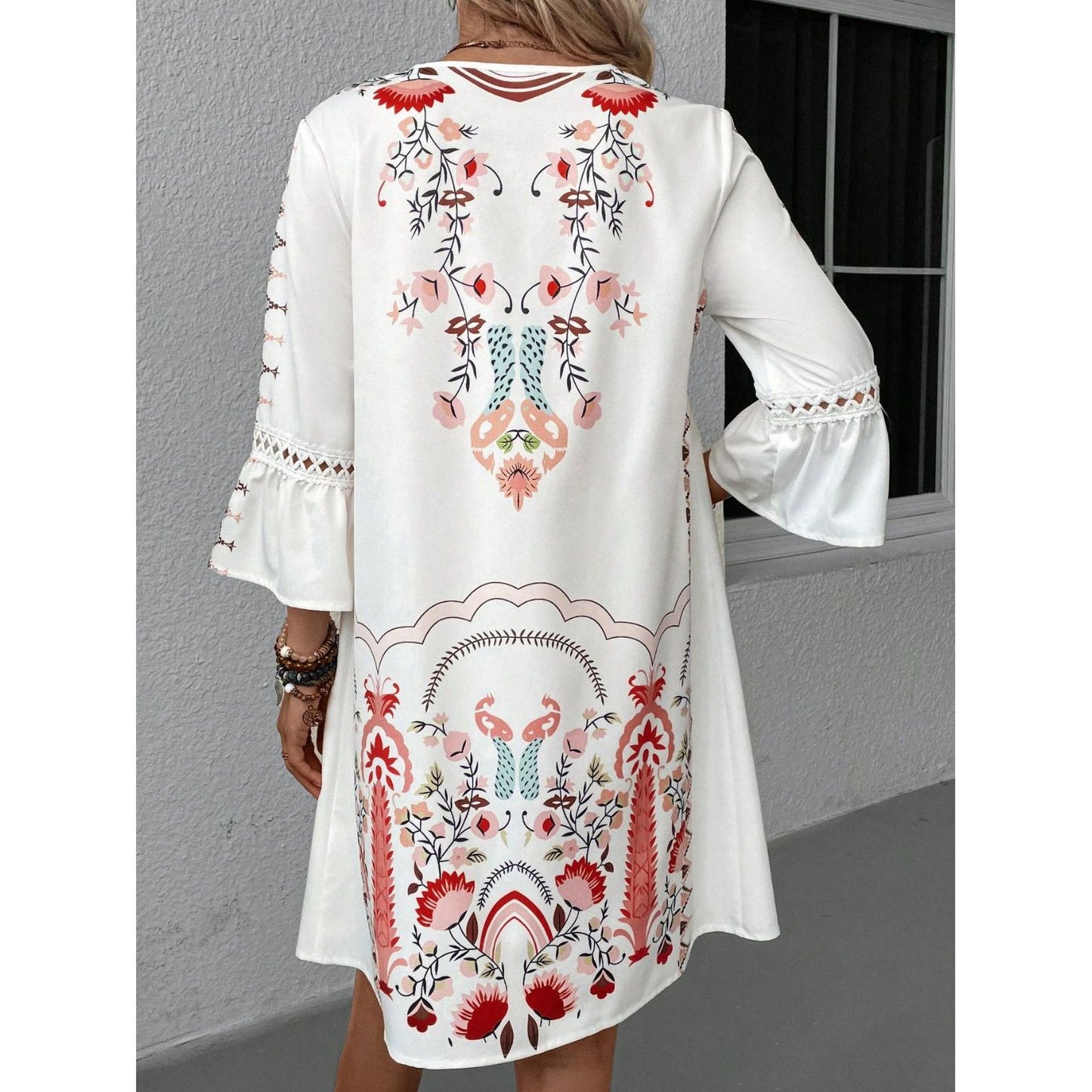 Lace Detail Printed Three-Quarter Sleeve Dress