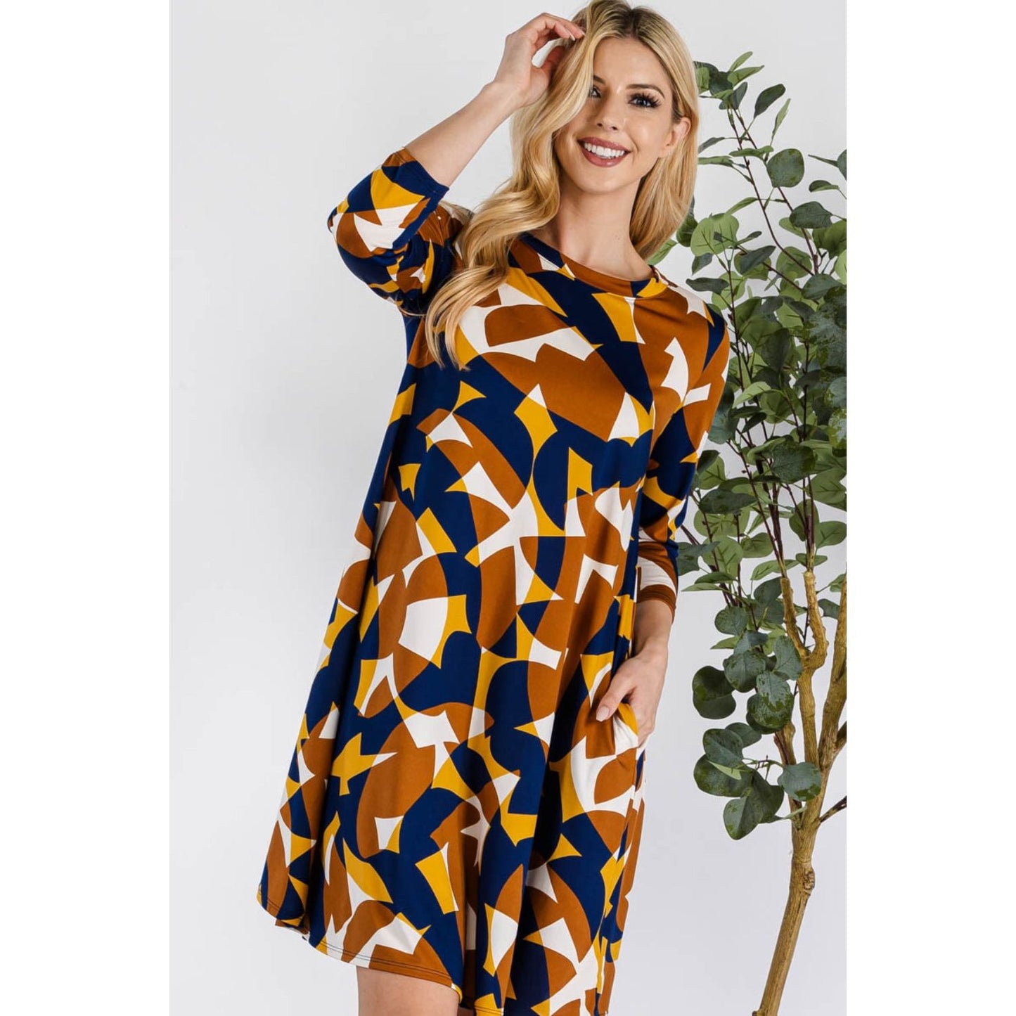 Celeste Full Size Geometric Round Neck Dress with Pockets