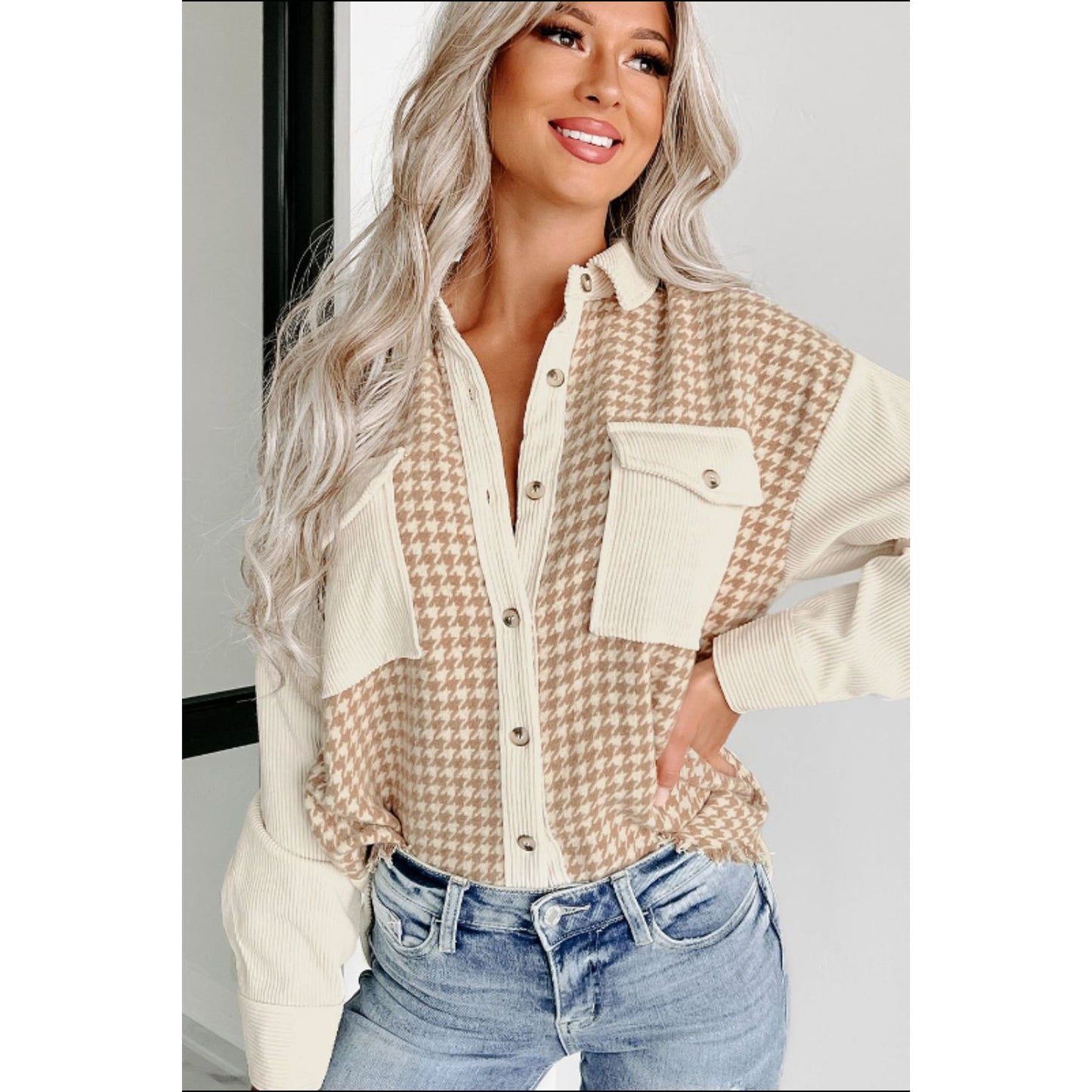 Houndstooth Button Up Long Sleeve Jacket