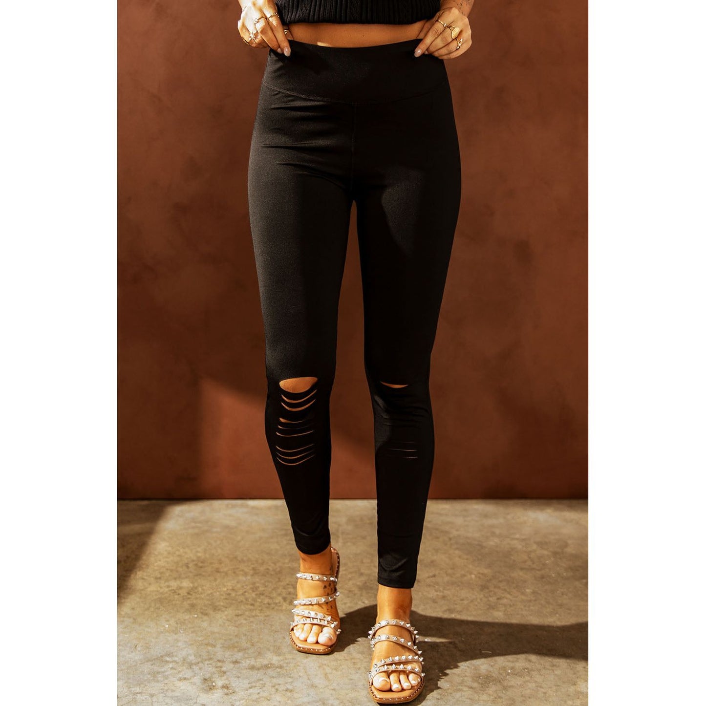 Double Take Wide Waistband Distressed Slim Fit Leggings