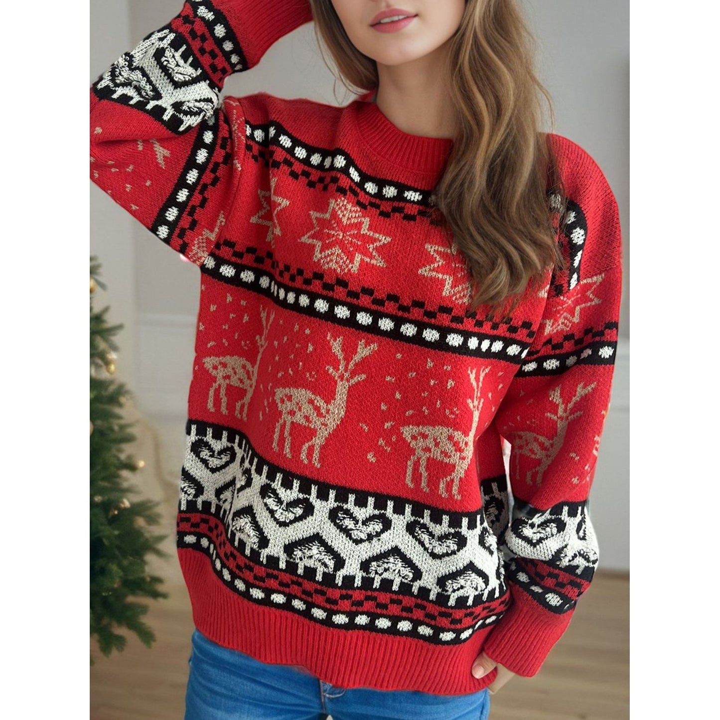 Christmas Element Round Neck Long Sleeve Sweater